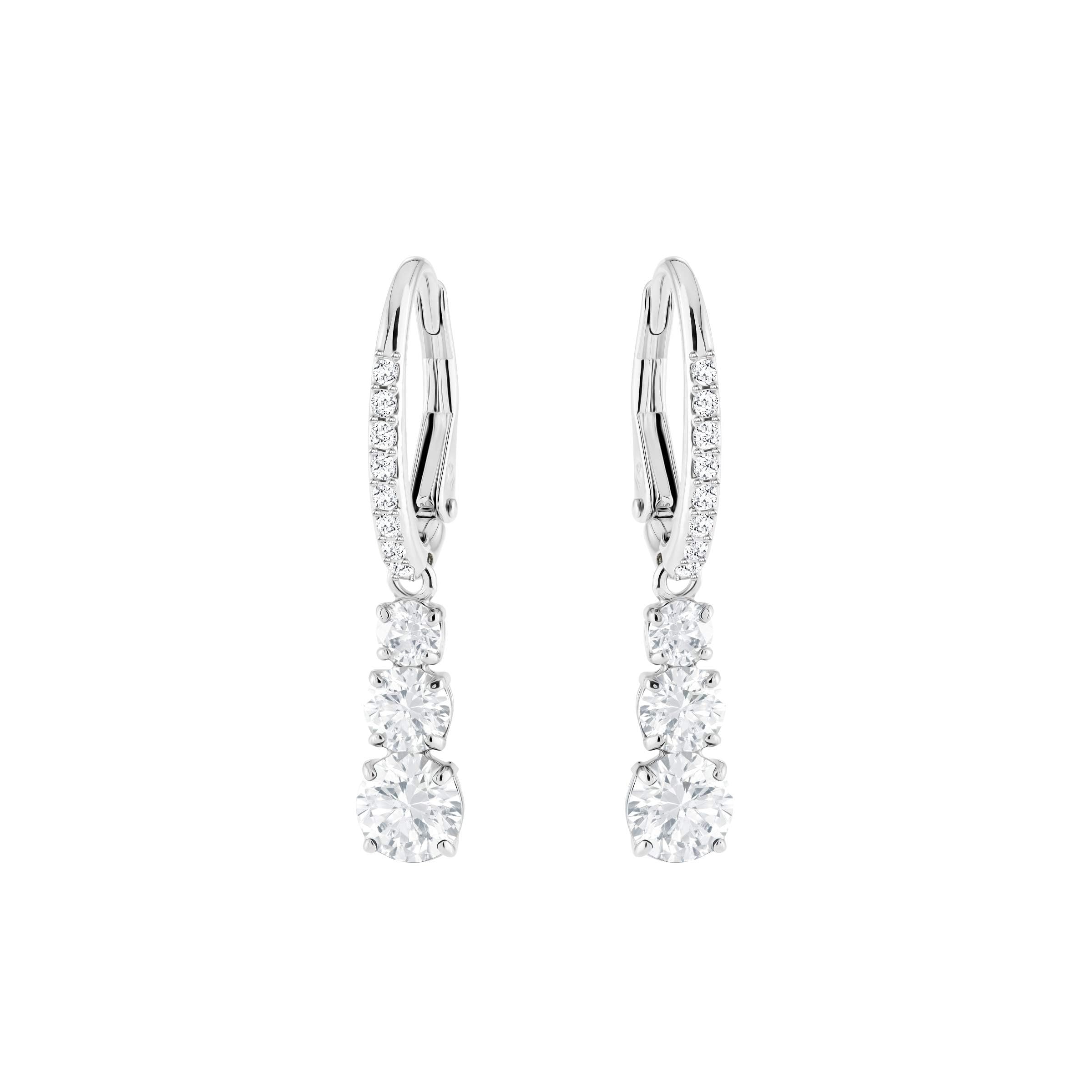 Swarovski Stilla Attract Trilogy Drop Pierced Earrings with White Crystals on a Rhodium Plated Setting with Hinged Closure