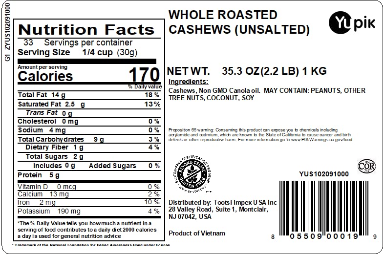 Yupik Roasted Unsalted Whole Cashews, 2.2 lb (35.2 oz), Gluten-Free, Kosher, Vegan, Crunchy Nuts, Lightly Roasted, No Added Salt, Source of Protein & Iron, Savory Snacks