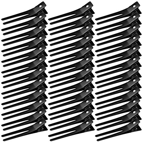 Wobe Hairdressing Double Prong Curl Clips, 50pcs 1.8" Metal Alligator Hairpins for Hair Bow Pin Curl, Styling Clips for Hair Salon Barber (Black)