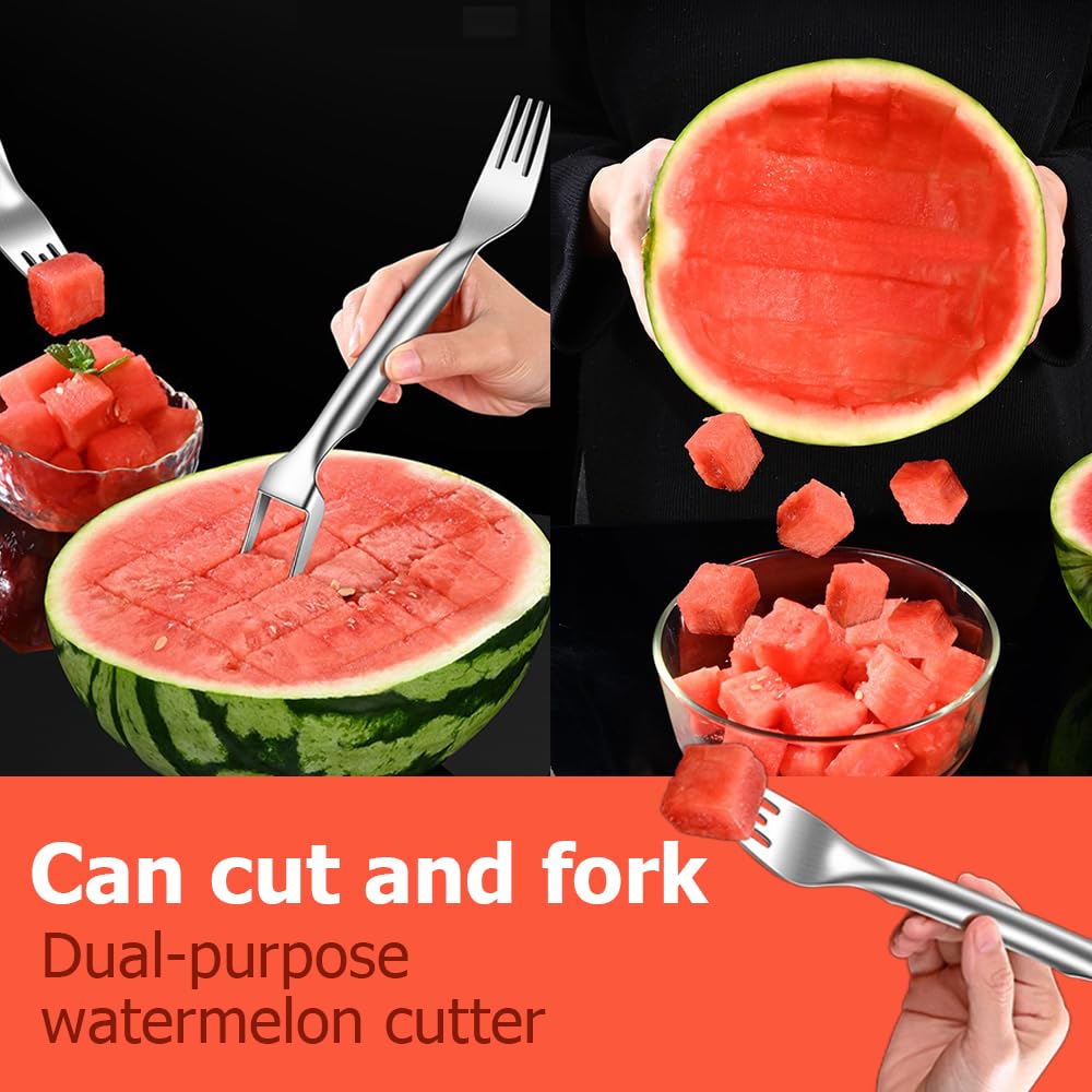 2-In-1 Stainless Steel Fruit Cutter, 2024 New Portable Watermelon Cutter Slicer Tool Melon Cube Cutter, Watermelon Windmill Fork Slicer Cutter for Summer Family Party Camping (1 Pc)