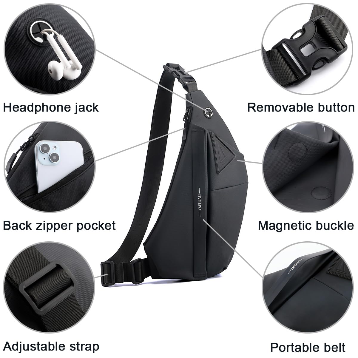 Slim Sling Bag, Anti-Theft Crossbody Chest Shoulder Backpack Water Resistant Personal Pocket Bag for Hiking Travel (Black- Left Hand)