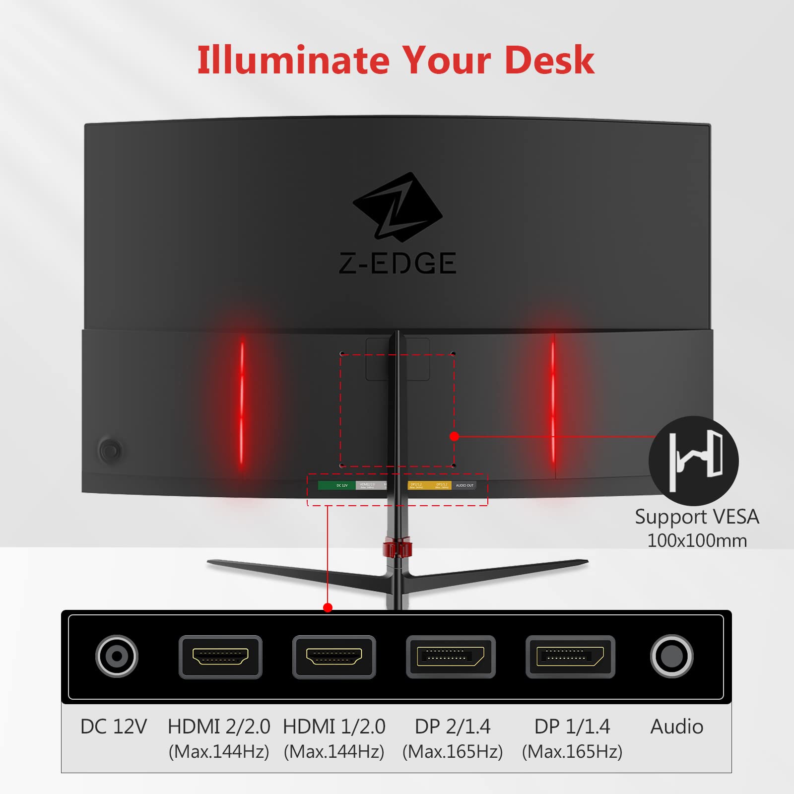 Z-Edge 27-inch Curved Gaming Monitor 16:9 2560x1440 165/144Hz 1ms Frameless LED Gaming Monitor, UG27Q AMD Freesync Premium Display Port HDMI Built-in Speakers