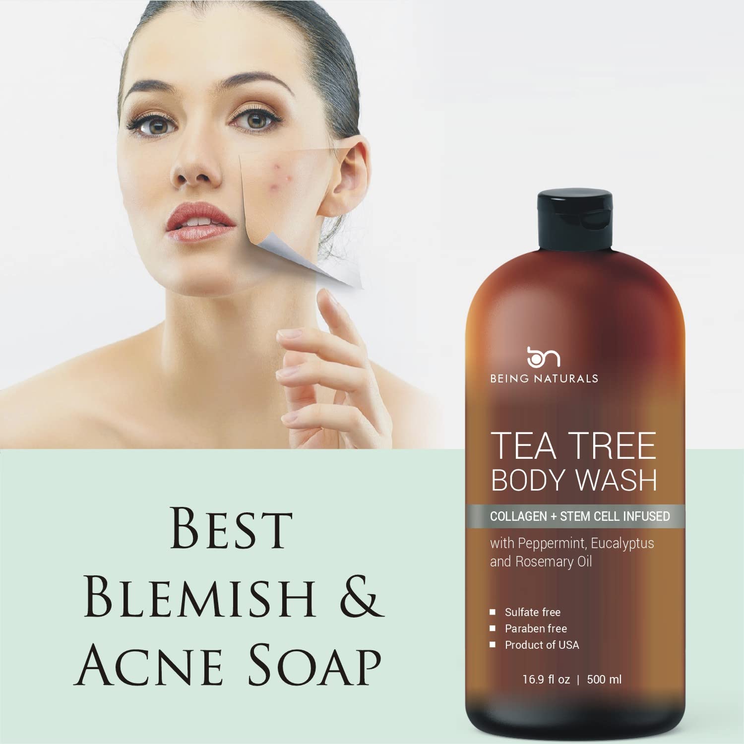 Tea Tree Body Wash -w/ Stem Cell, Collagen & TeaTree Oil Fights Body Odor, Acne, Athlete’s Foot, Jock Itch, Dandruff, Eczema, Yeast Infection, Shower Gel for Women & Men, Skin Cleanser 16.9 oz