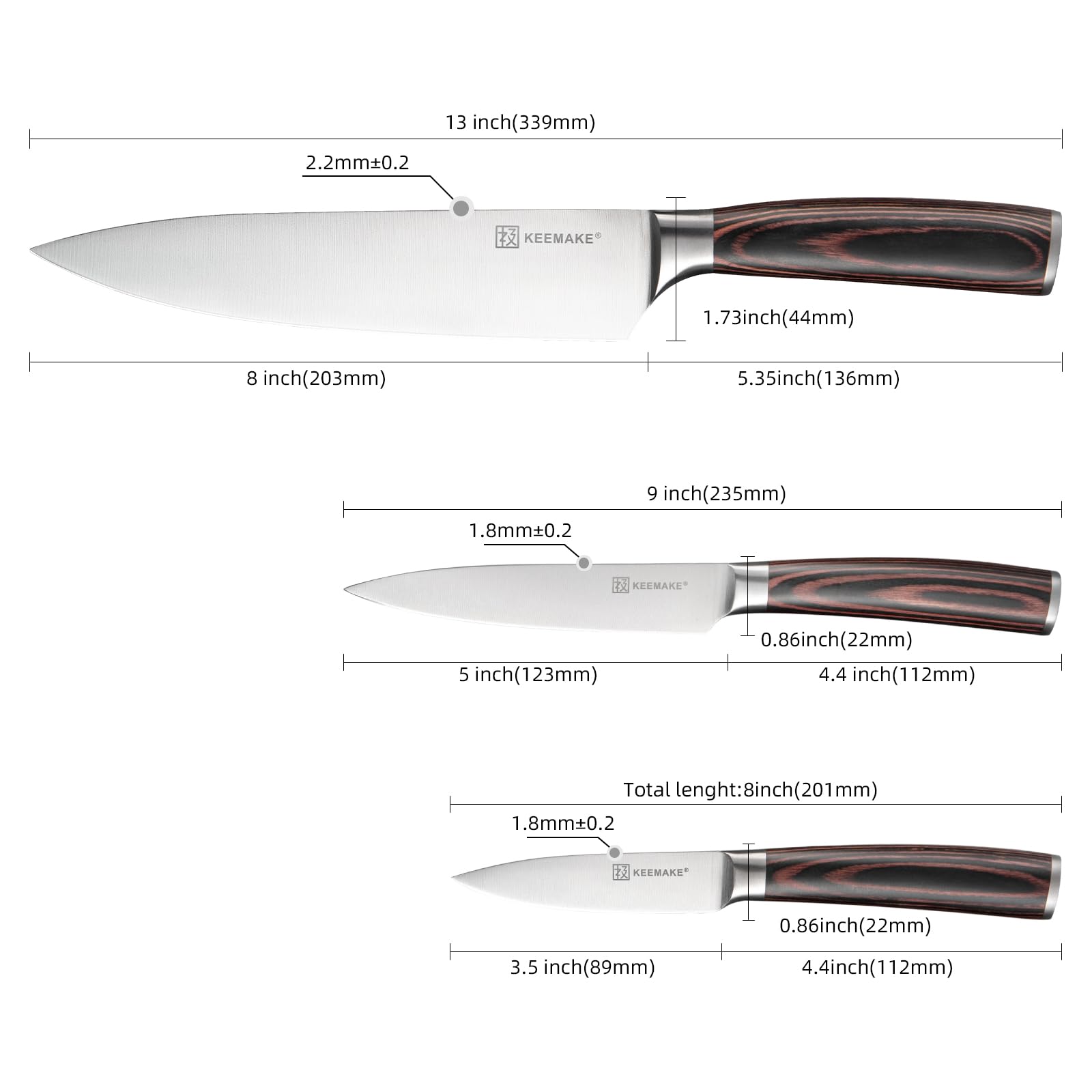 KEEMAKE Knife Set Kitchen Knives - 1.4116 High Carbon Stainless Steel Professional Chef Knife Set of 3 - Razor Sharp Japanese Cooking Knife