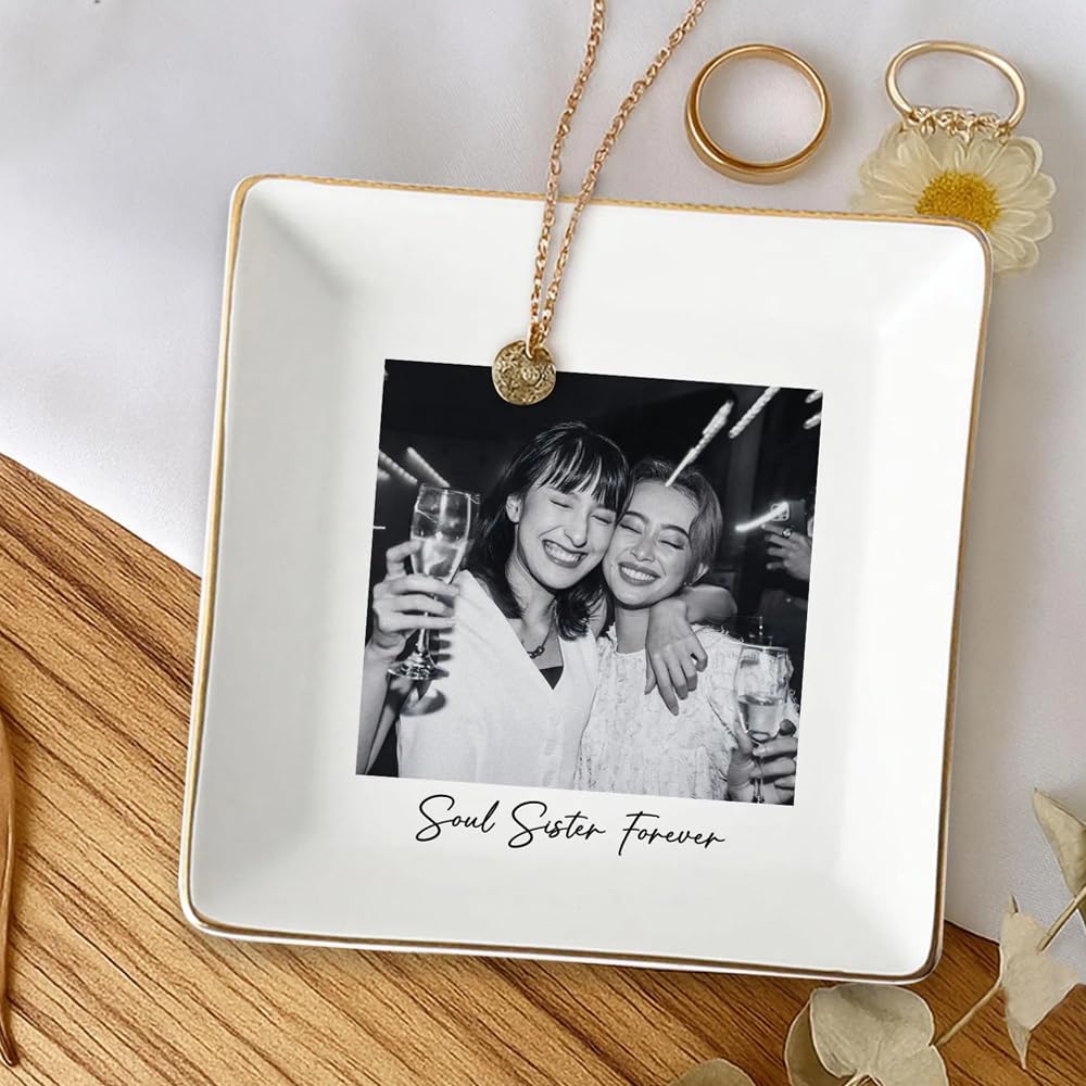 POPPOP Personalized Bestie Photo Jewelry Dish, Custom Ceramic Trinket Tray for Best Friend or Sister, Gift For Besties, Soul Sister Gifts, Birthday Ring Dish Gift For Best Friends