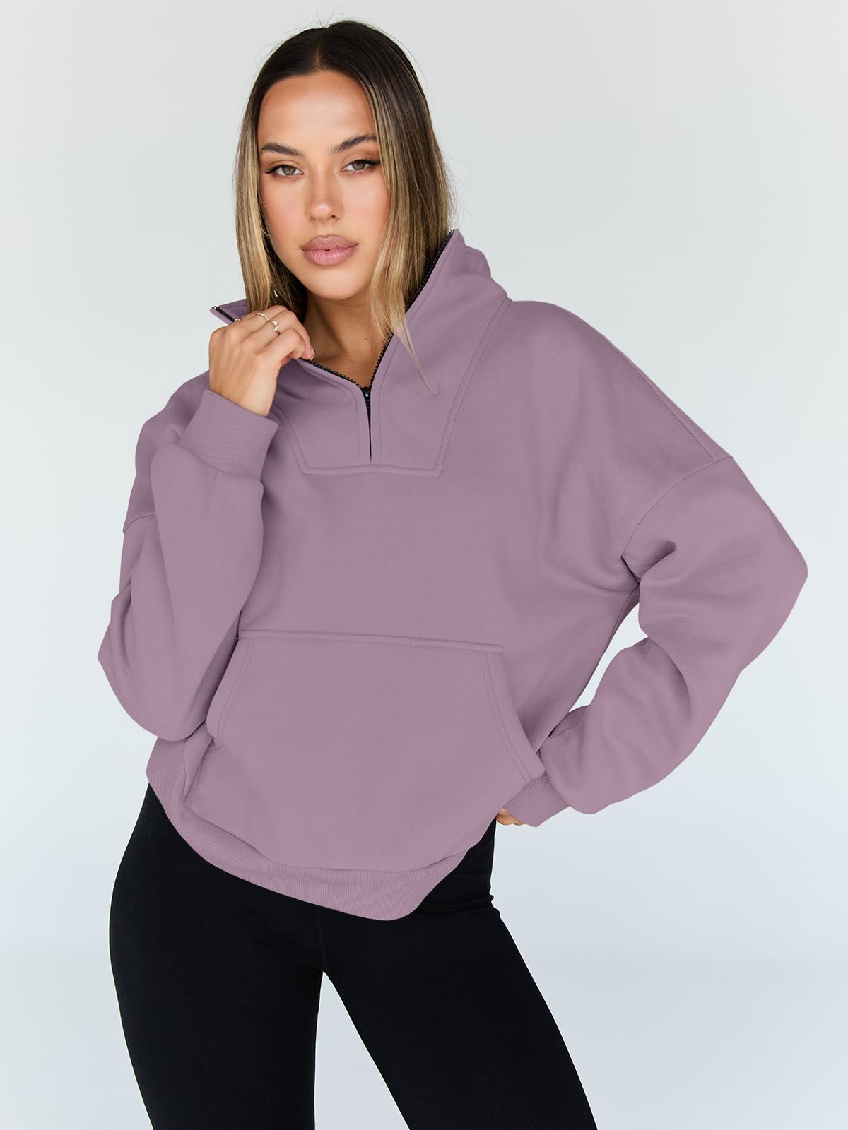 Trendy Queen Sweatshirts Half Zip Pullover Quarter Zip Oversized Hoodies Sweaters Comfy Fall Outfits 2024 Y2K Winter Clothes GreyPurple S