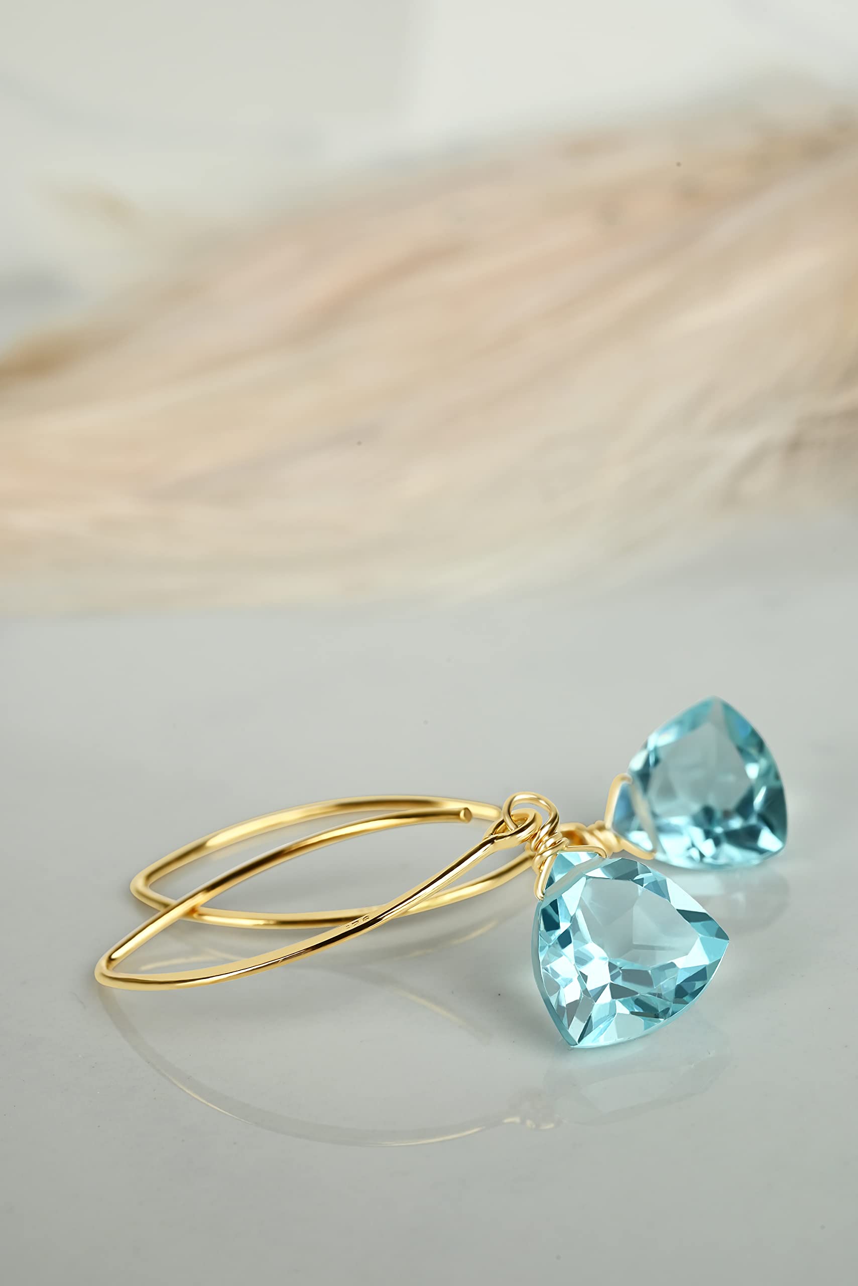 Aquamarine Blue Quartz Trillion 14k Gold Plated Sterling Silver Earrings