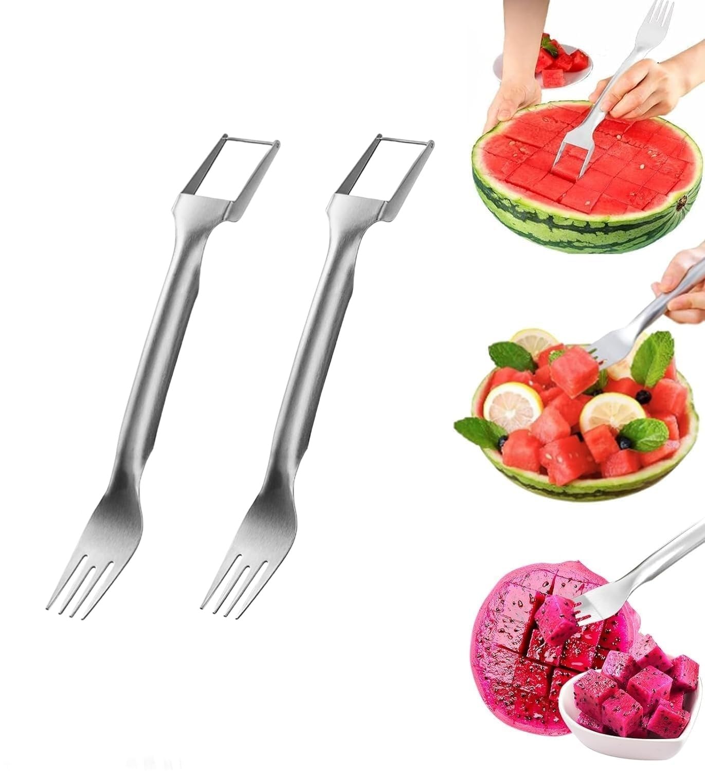 2-in-1 Stainless Steel Fruit Cutter, 2024 New Watermelon Slicer Cutter Summer Watermelon Fruit Cutting Fork, Stainless Steel Fruit Forks Slicer Knife for Home Kitchen Gadget (2)