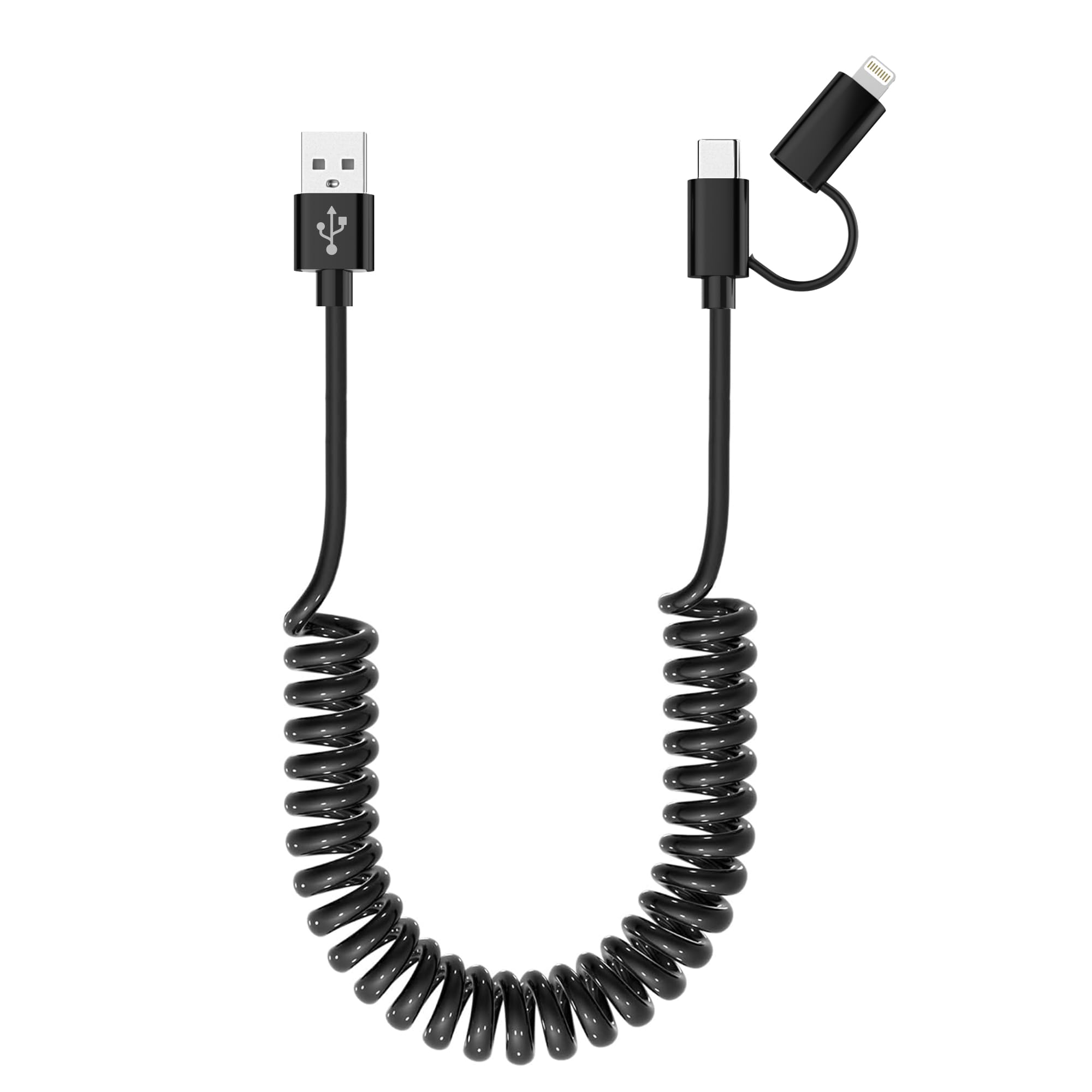 USB to USB-C and Lightning Cable Combo 2 in 1 Coiled Cable Apple Carplay & Android Auto Compatible [MFi & 3A Fast Charge & Data Sync] Coiled Lightning and USB C Cable for iPhone 16/15/14/13/12/Android