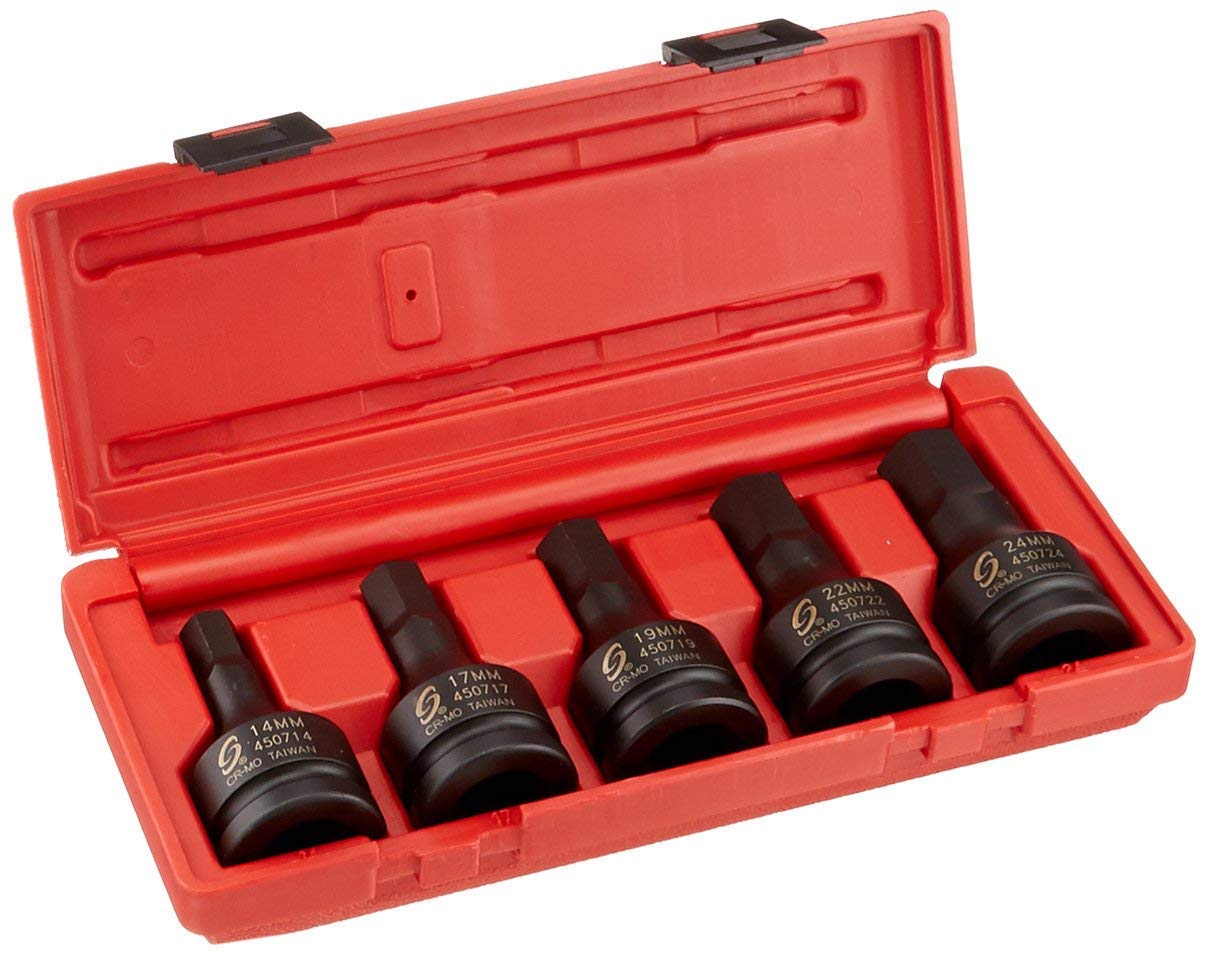 SUNEX TOOLS 4507, 3/4 Inch Drive Impact Hex Driver Set, 5-Piece, Metric, 14mm-24mm, Cr-Mo Steel, Dual Size Markings, Heavy Duty Storage Case