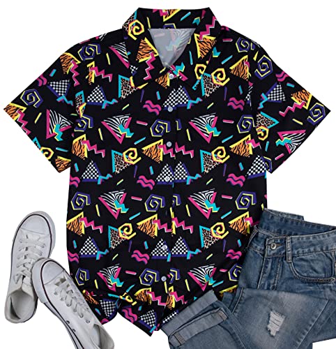 80s 90s Outfits for Women Retro Theme Party Disco Shirt 80s Hawaiian Shirt Neon Button Down Short Sleeve Blouse Tops