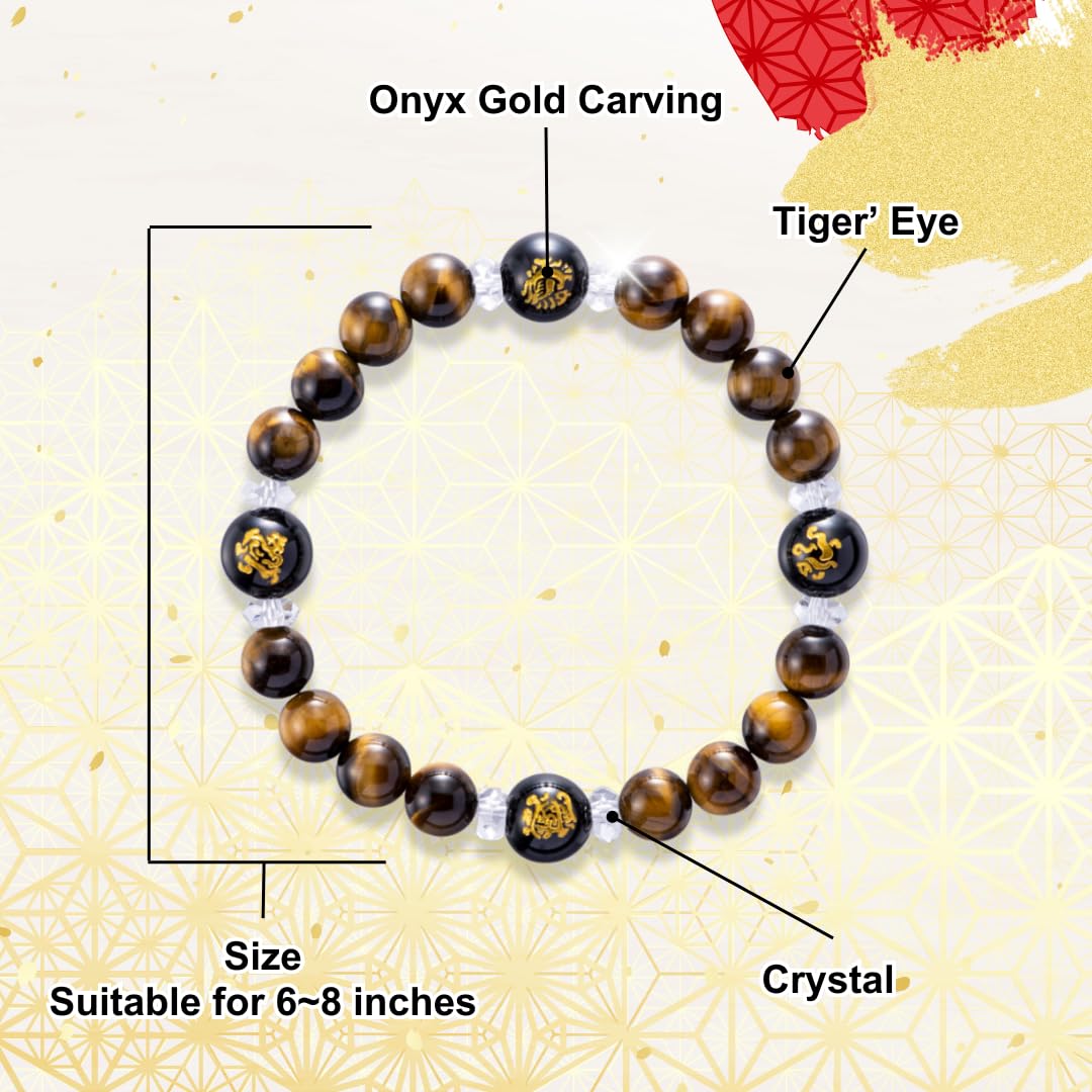 Lucky Shop MADE IN JAPAN Feng Shui bracelet Guardian Deities onyx crystal bracelet for money 6-8 inches stretch tiger eye quartz Japanese good luck charm unisex