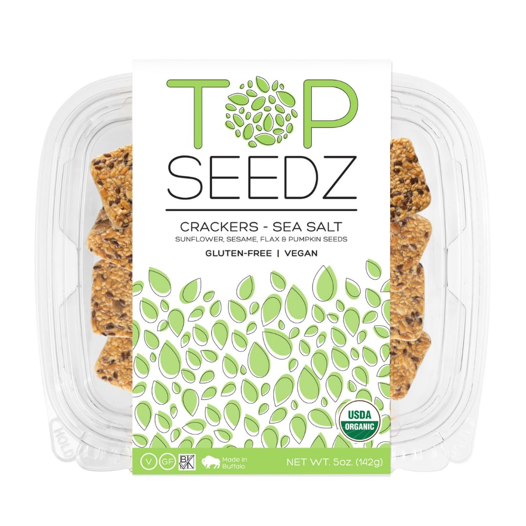 Top Seedz Certified Organic Gluten Free Sea Salt Seed Crackers | 2-Pack | 5 Ounces | Healthy Vegan Crackers with Plant Based Protein | Made of Sunflower, Flax, Sesame and Pumpkin Seed