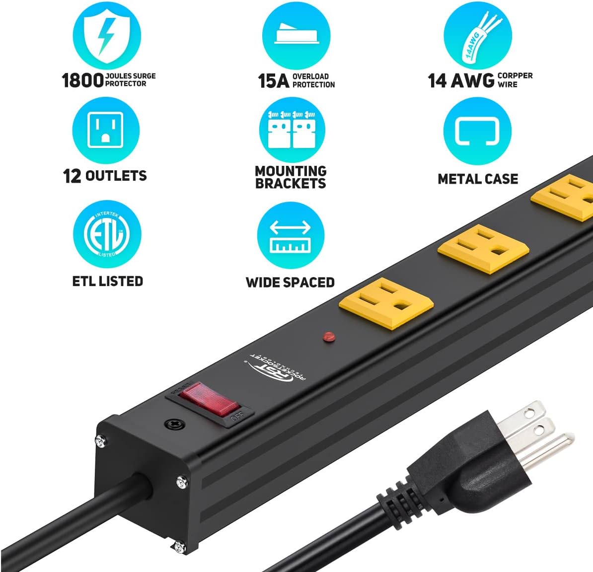Long Power Strip, 12-Outlet Heavy Duty Surge Protector Wall Mount Power Strip with 1800 Joules Protection 15A Circuit Breaker 6FT for Garage, Shop, Industrial, Underdesk