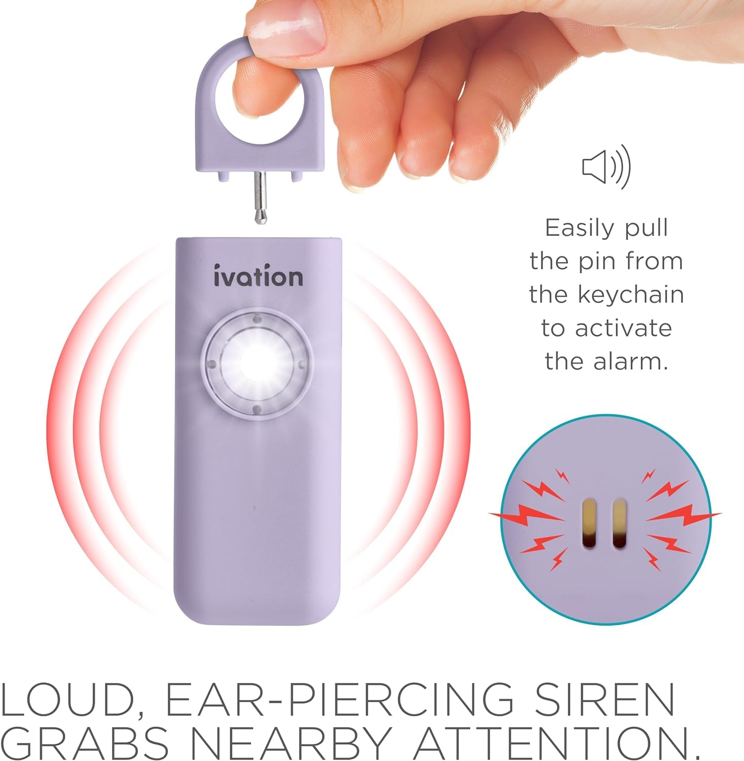 Ivation Personal Rechargeable SOS Alarm, Pocket Size Loud 130dB Sound Safety Siren & LED Panic Strobe Light with Carabiner Keychain Clip for Women, Children & Seniors, Lavender
