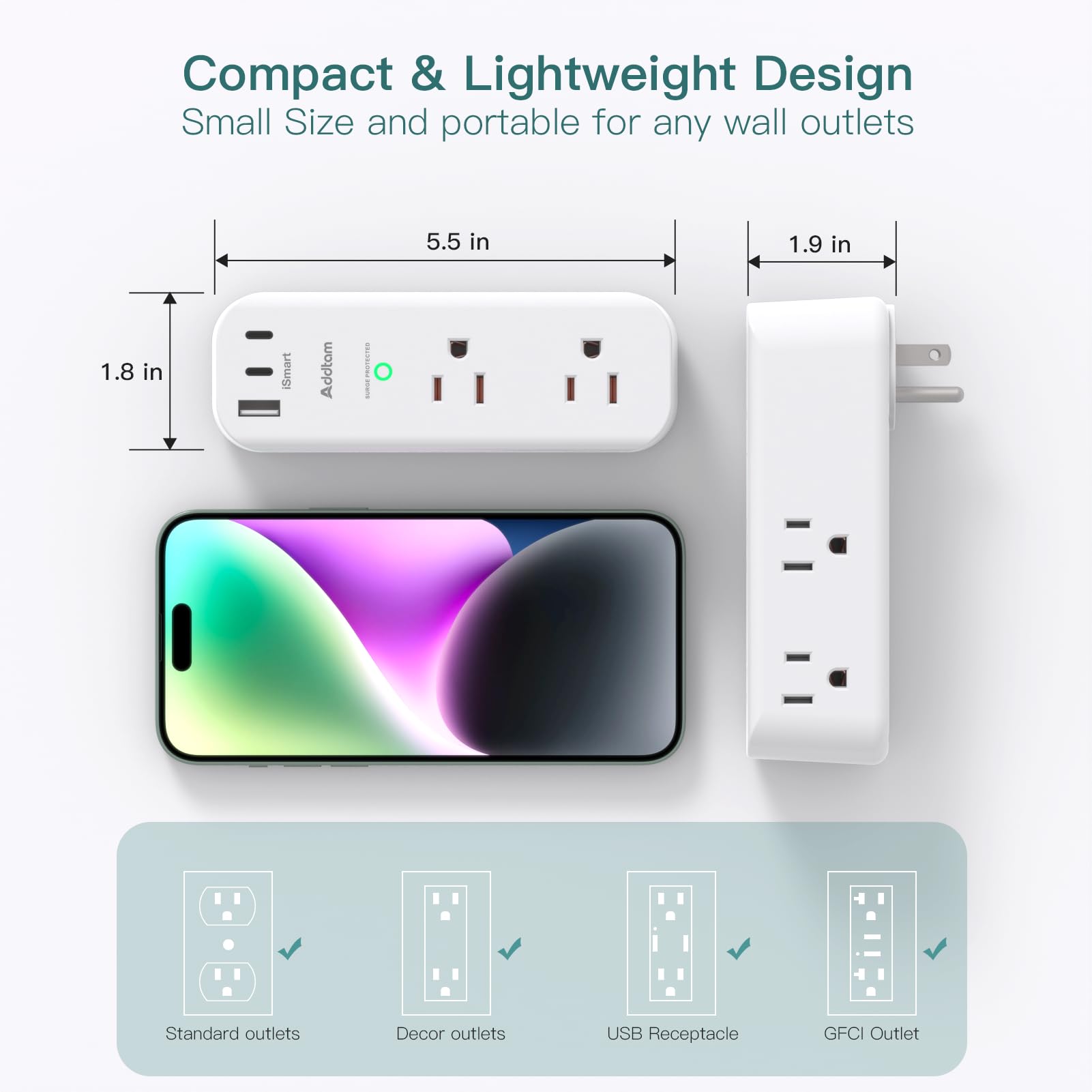 Surge Protector Wall Outlet Extender, Multi Plug Outlet with Rotating Plug, 6 AC Outlets 3 USB Ports (2 USB C), 1800J, 3-Side Power Strip Wall Mount, Outlet Splitter for College Dorm Travel Essentials