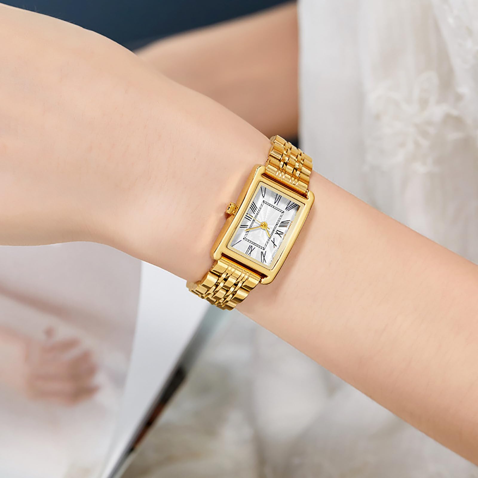 BESTKANG Rectangle Watches for Women Stainless Steel Strap Womens Watch Dainty Fashion Waterproof Square Women's Wrist Watch (Gold White)