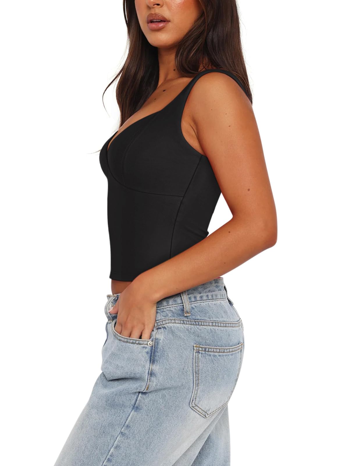 REORIA Women's Summer Sexy Casual Deep V Neck Sleeveless Slim Fit Cropped Corset Cami Fashion Trendy Y2k Going Out Crop Tank Tops Black Large