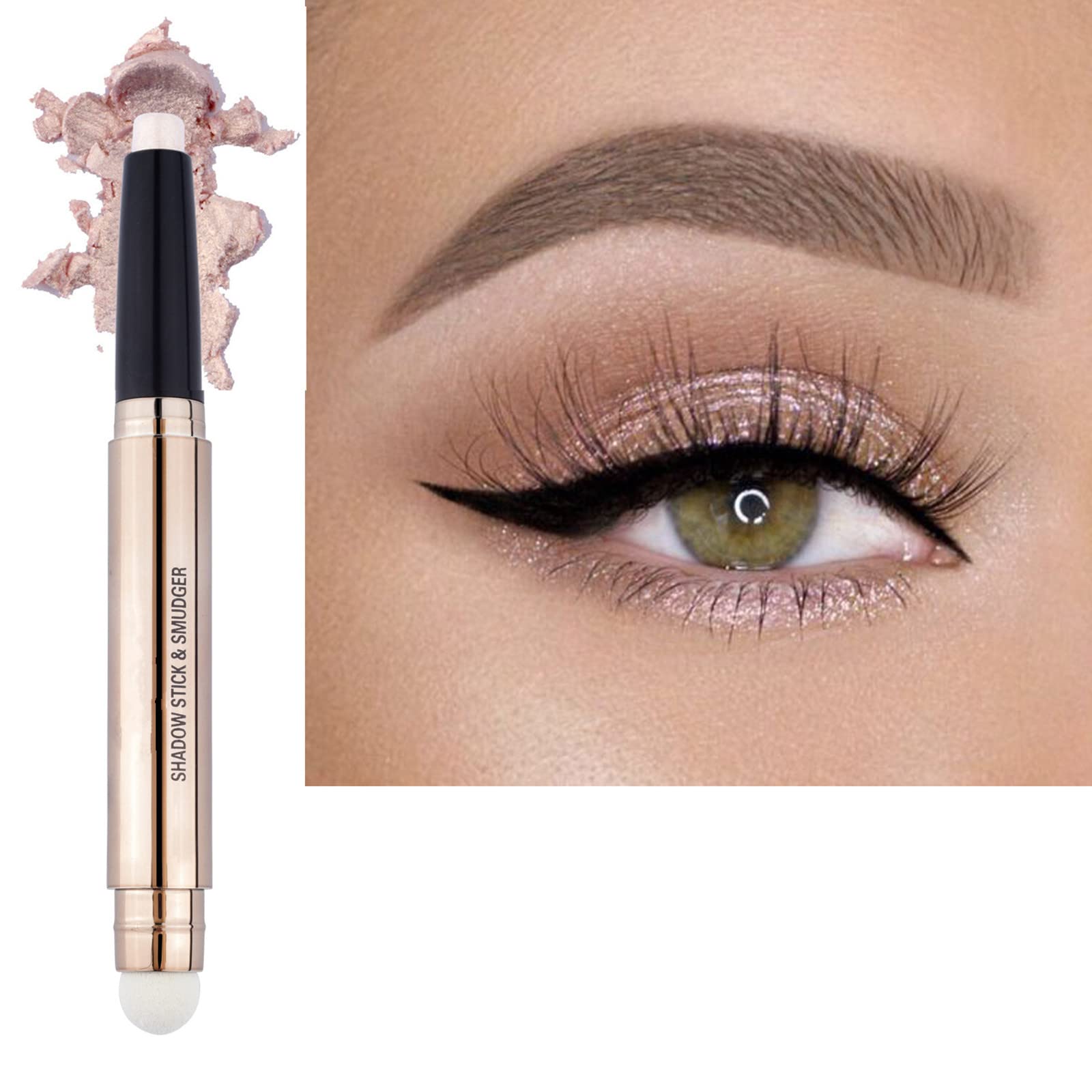 2 in 1 eyeshadow stick and Sponge Makeup Brush, Smooth Cream Shimmer Shadow Pencil Long Lasting Waterproof Eye Shadow Highlighter Stick Makeup , Hypoallergenic Highlighter Multi-Dimensional eyes Look