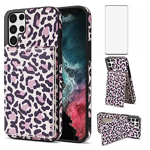 Phone Case for Samsung Galaxy S22 Ultra 5G Wallet Cover with Tempered Glass Screen Protector and RFID Card Holder Slot Stand Cheetah Leopard Print Cell S22ultra 22S S 22 S22ultra5g 6.8 Women Purple