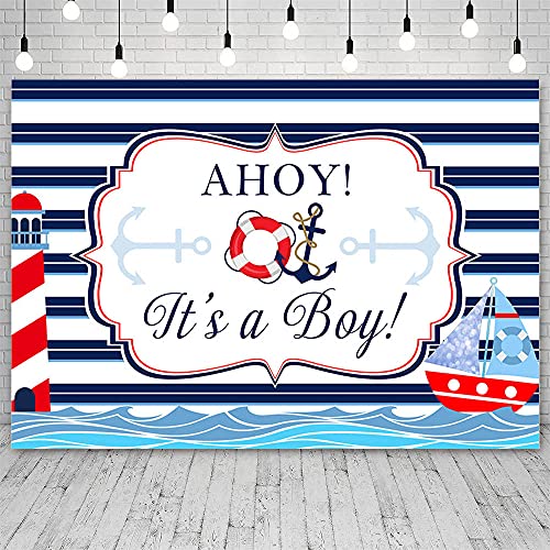 ABLIN 7x5ft Ahoy Nautical Boy Baby Shower Backdrop It's a Boy White Blue Stripes Marine Sea Lighthouse Ship Background Newborn Baby Gender Reveal Party Decor Banner Photo Booth Props