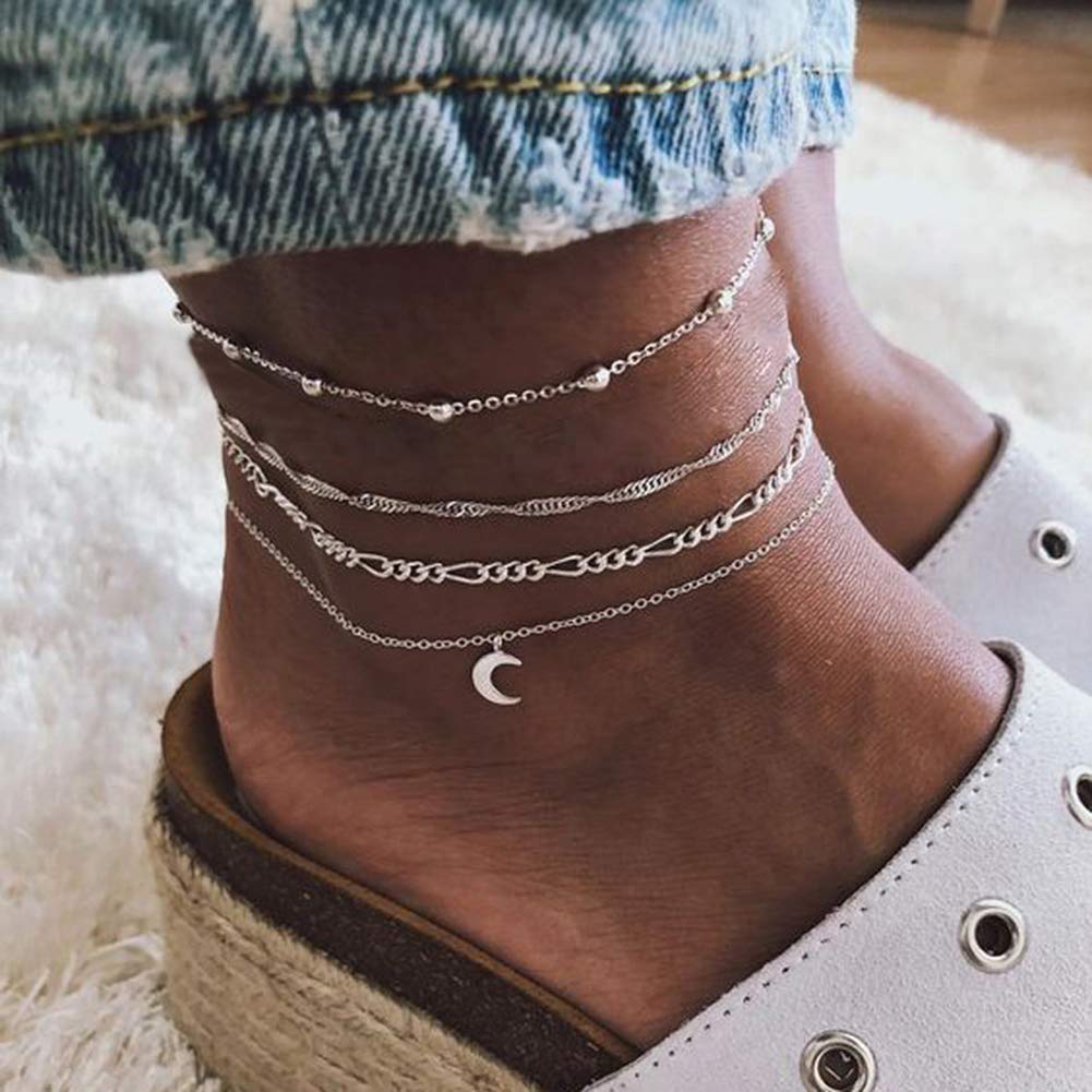 SEniutarm 4Pcs/Set Summer Beach Moon Charm Anklet Sandals Barefoot Ankle Silver Jewelry Gift