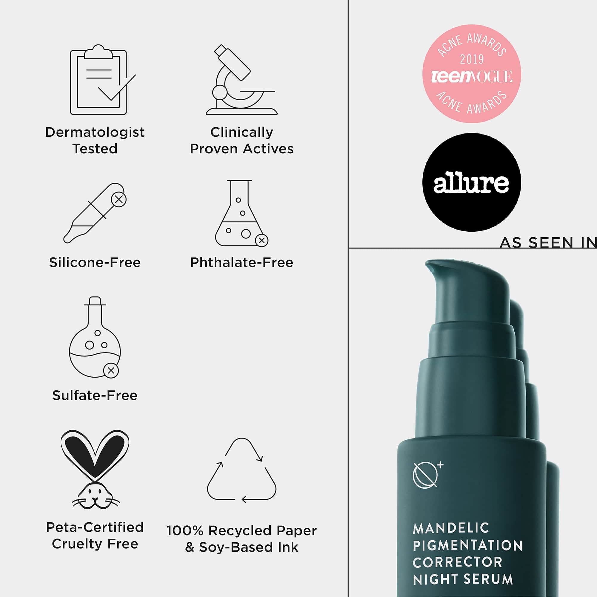 Allies of Skin Mandelic Pigmentation Corrector Night Serum: Mandelic, Lactic & Salicylic Acid, Hyaluronic Acid, Niacinamide, Bakuchiol, Rosehip & Tamanu Oils. Exfoliate & Target Uneven Skin Tone 1 oz