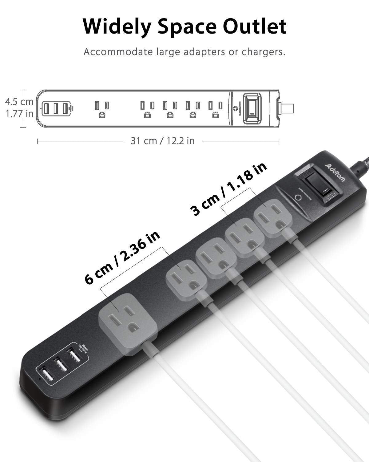 2 Pack Power Strip Surge Protector - 5 Widely Spaced Outlets 3 USB Charging Ports, 1875W/15A with 6Ft Braided Extension Cord, Flat Plug, Overload Surge Protection, Wall Mount for Home Office