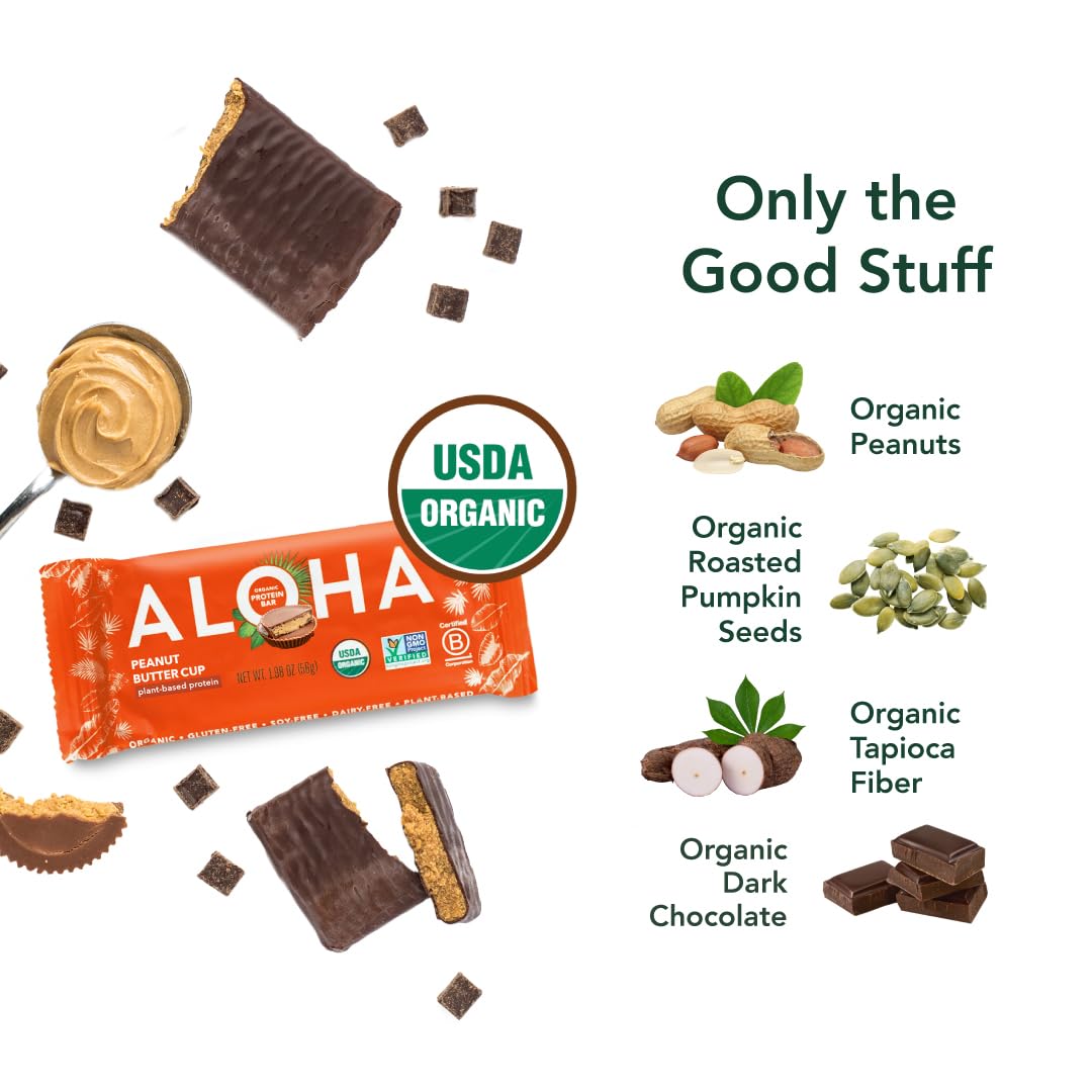 ALOHA Organic Plant Based Protein Bars - Peanut Butter Cup Bar - 12 Bars, Vegan, Low Sugar, Gluten-Free, Low Carb, Non-GMO, No Stevia, No Erythritol