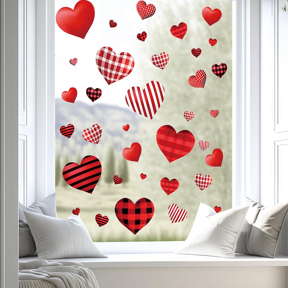 Valentines Day Decorations Window Clings, Resuable Red & Pink Heart Shaped Static Window Stickers for Valentines Day Decor - Valentines Day Decorations for The Home, Bathroom Window