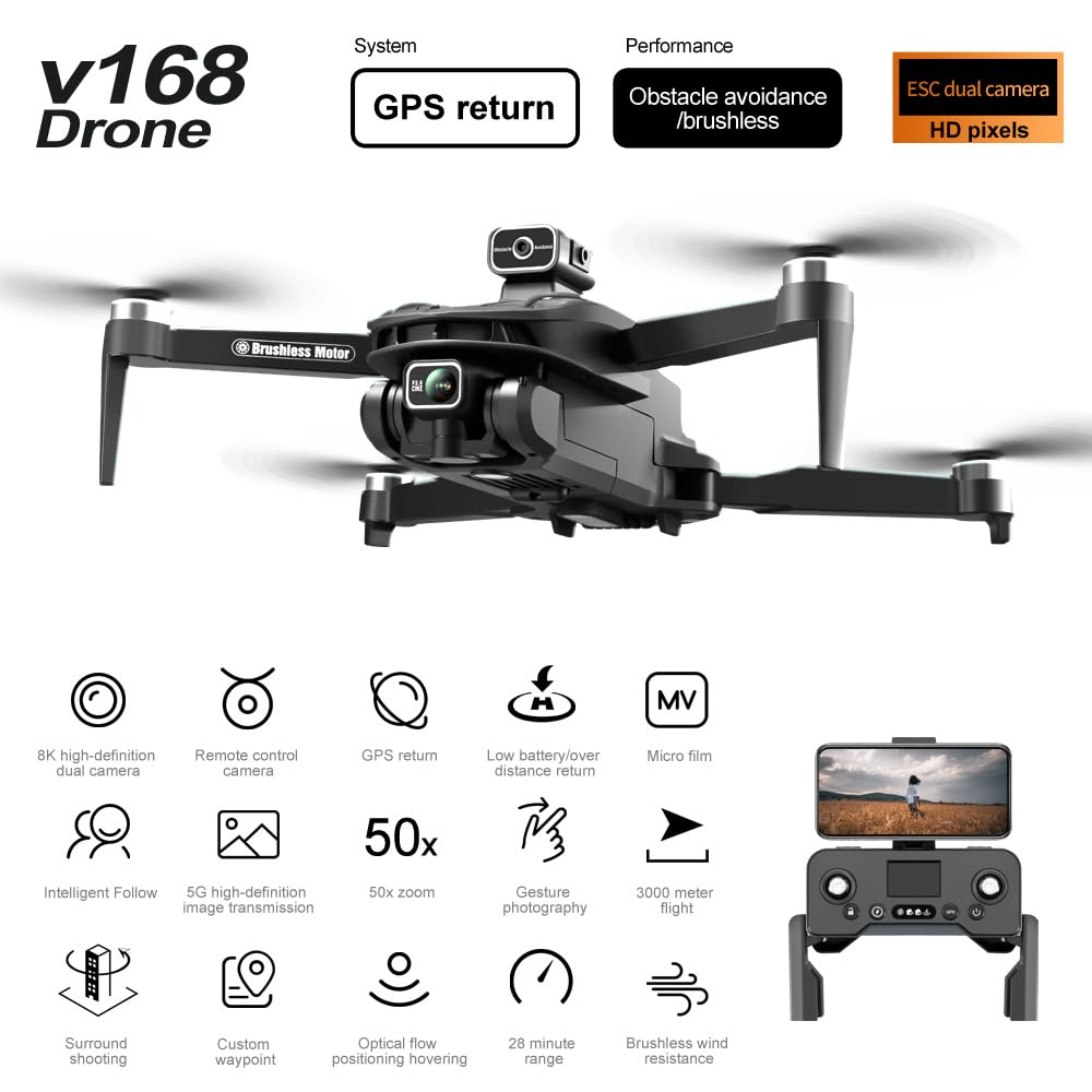 AOTULIGHT V168 Pro GPS Drones with Camera 4K HDR Videos,90 Mins Flight Time with 3 Batteries,230g Palm-Sized Mini Drone for Beginner &Adults, Smart Return, Follow Me, Circle Fly, Tap Fly, 5GHz WiFi Transmission