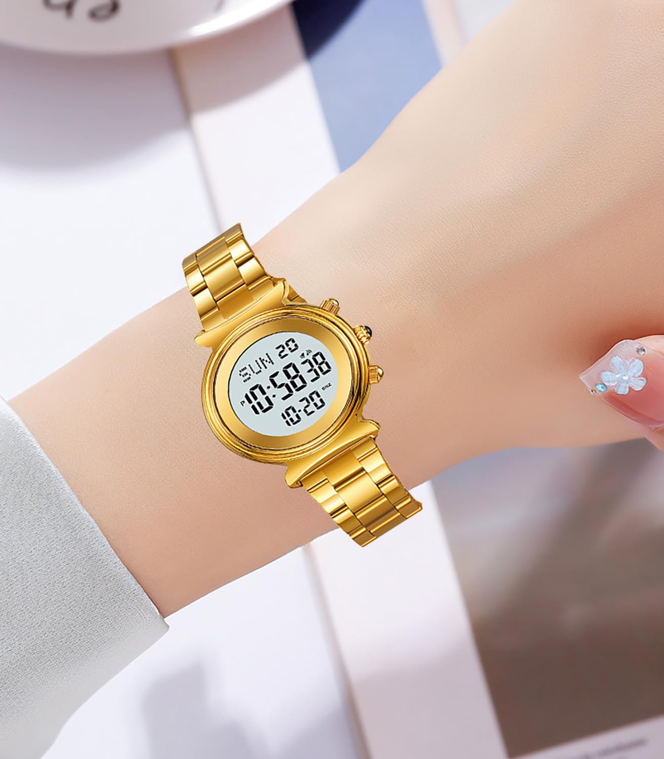 BESTKANG Women's Digital Watch - Stainless Steel, Gold, Waterproof, Dual Time, Date Watch - Women's Business Watch