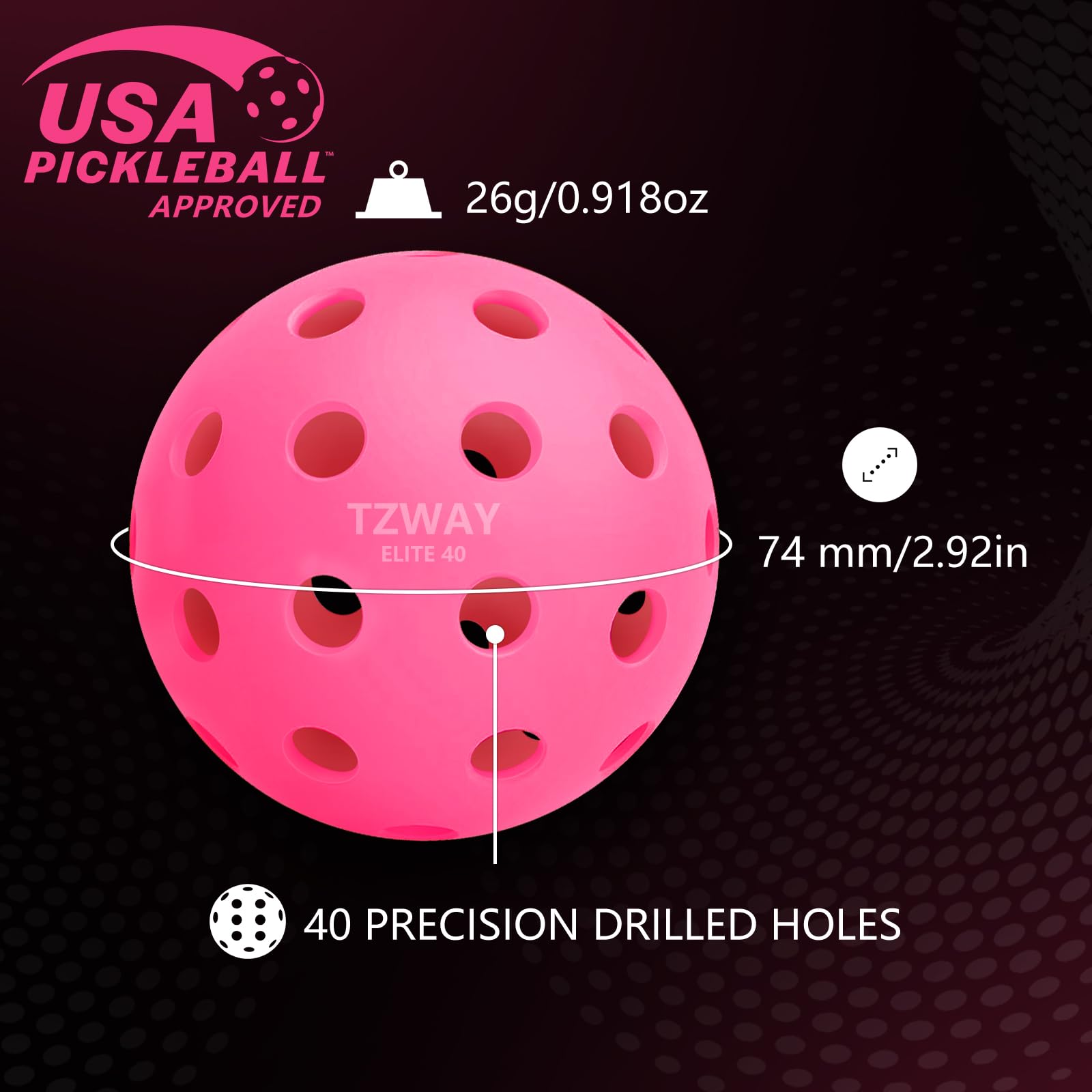 TZWAY Indoor and Outdoor Pickleball Balls - USAPA Approved - X-40 Pickleball Balls - High Elasticity & Durable - 8 Pack Pink