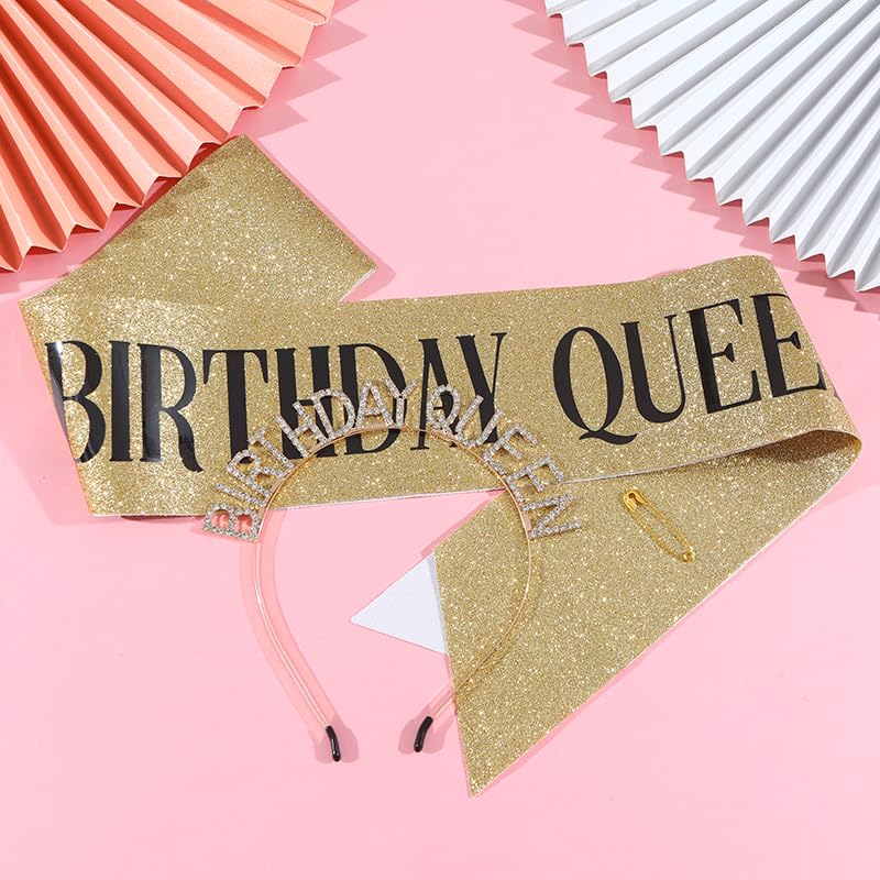 Kamirola Queen Sash & Rhinestone Tiara Set Green for Women Birthday Decoration Kit Rhinestone Headband for Girl Glitter Crystal Hair Accessories for Party (Gold)