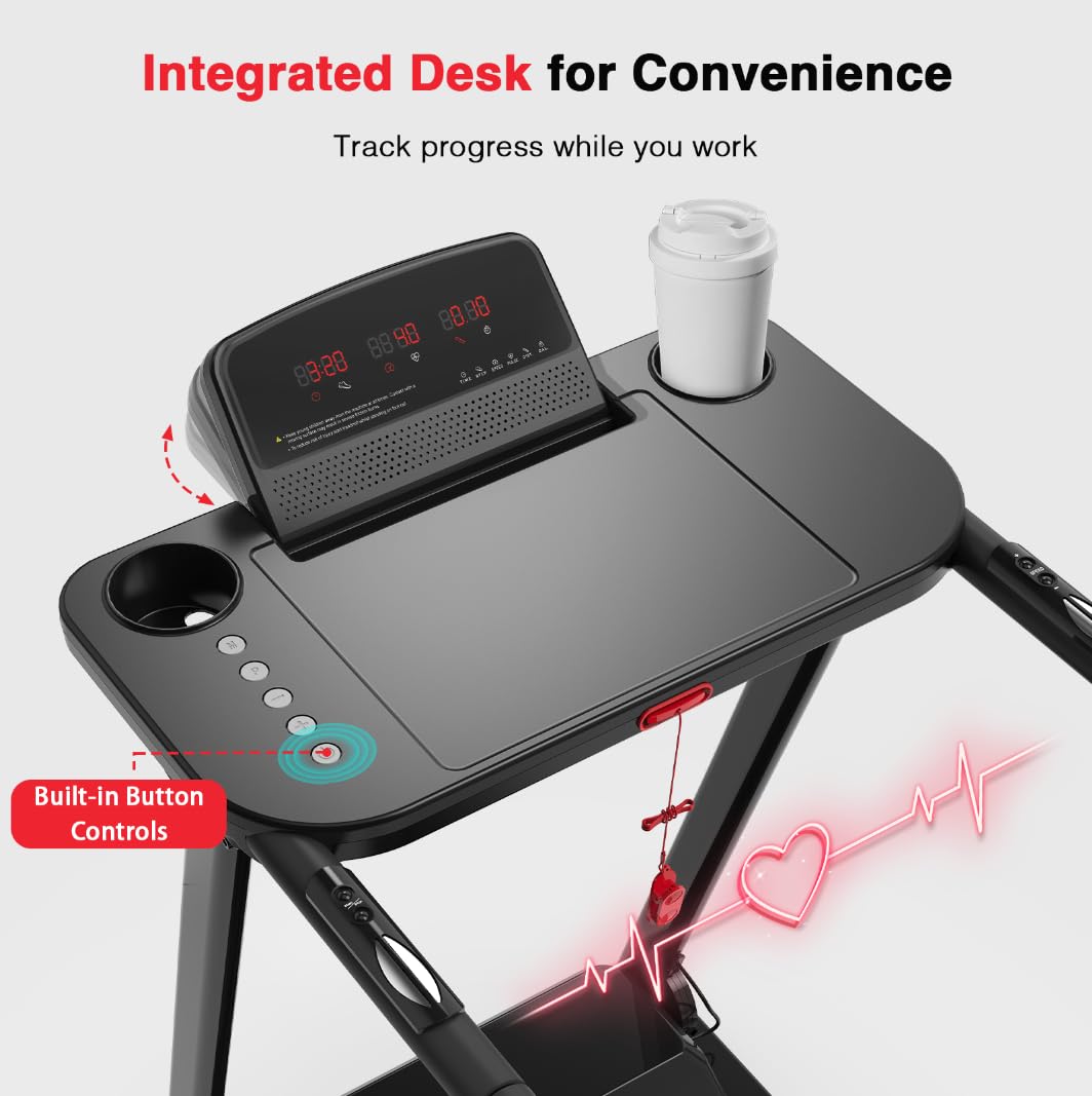 Redliro Treadmill for Seniors with Long Handrails - Flat 0% Incline Recovery Walking Treadmill with Desk, Cup Holder & Wheels - 300 lbs Capacity for Home Exercise