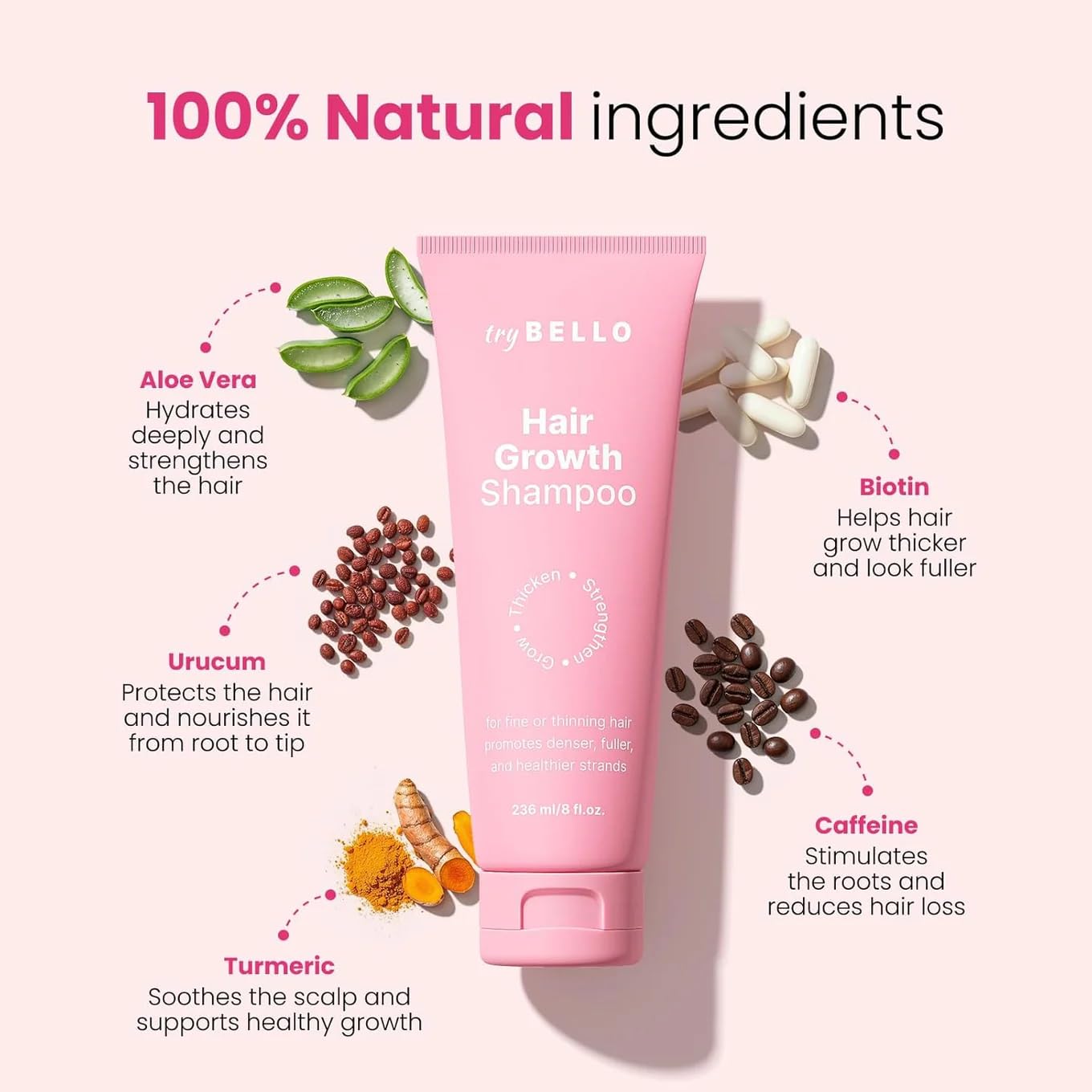 Trybello Hair Growth Shampoo with DHT Blocker | Natural Thickening & Scalp Detox | Sulfate Free & Vegan Formula | Caffeine, Aloe Vera, Turmeric, and Urucum Extract | For Any Hair Type