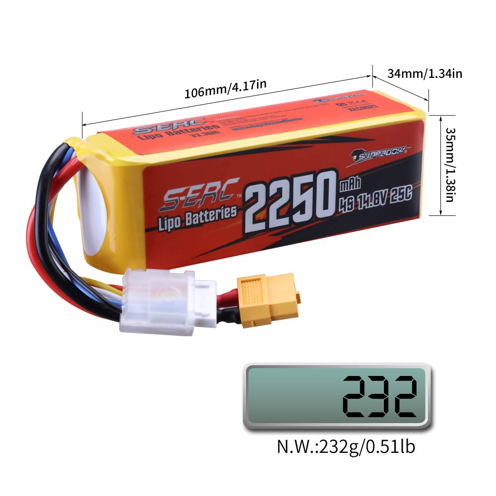 SUNPADOW 14.8V 4S RC Lipo Battery 25C 2250mAh with XT60 Connector Rechargeable for RC Airplane Quadcopter Helicopter Drone FPV Racing Hobby (2 Count)