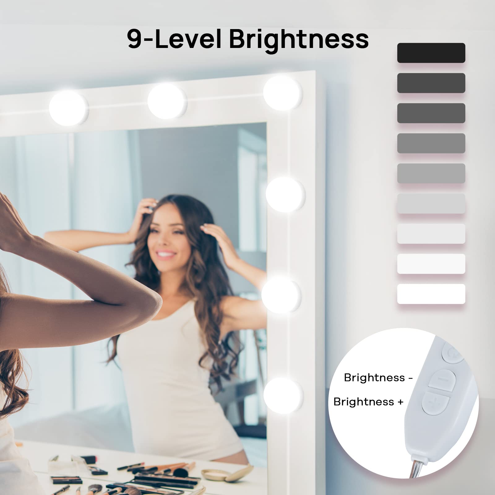 Consciot LED Vanity Lights For Mirror, Hollywood Style Vanity Lights With 10 Dimmable Bulbs, Adjustable Color & Brightness, USB Cable, Mirror Lights Stick on for Makeup Table Dressing Room, White