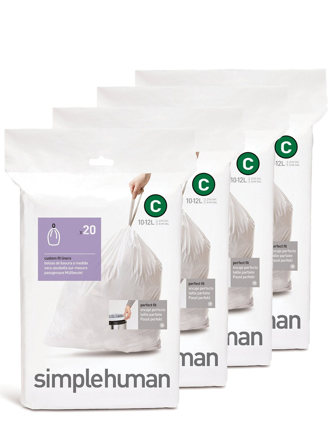 simplehuman Custom Fit Trash Can Liner C, 10 Liters / 2.6 Gallons, 20 Count (Pack of 4)