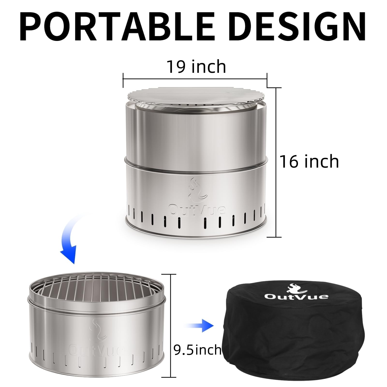 OutVue 19 inch Stainless Steel Smokeless Fire Pit with Grill, Outdoor Smokeless Firepit, Wood Burning Fire Pits for Camping, Bonfire, Low Smoke Firepit for Outside (Vertical Hole)
