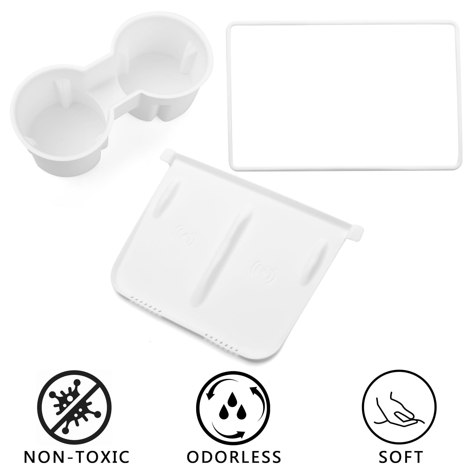 TOPABYTE 3PCS Tesla Model 3 Model Y Accessories 2021-2023 Cup Holder Insert, Screen Edge Protector Frame, Wireless Charger Mat Silicone Center Console, Not for Model 3 Highland, White