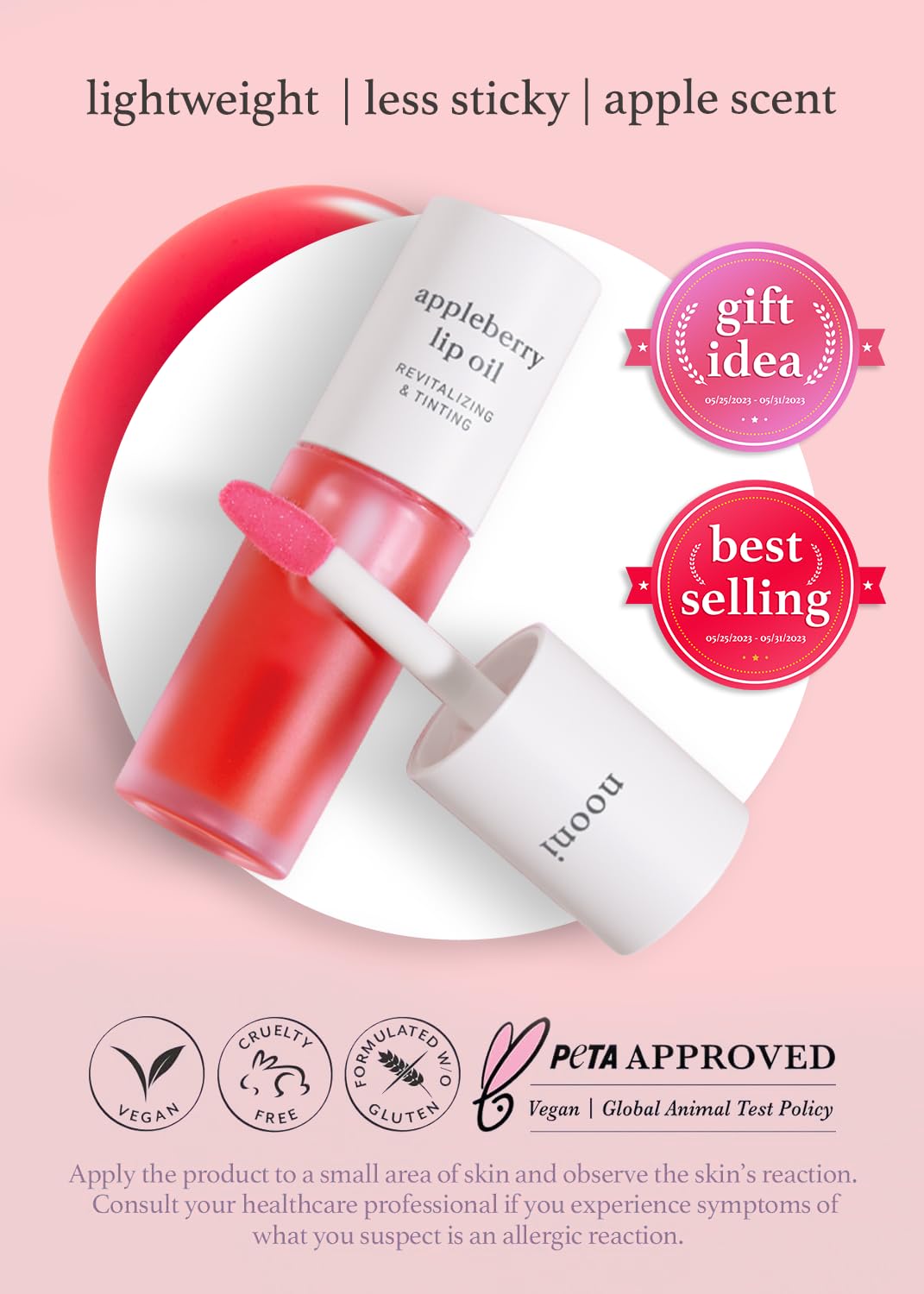 NOONI Korean Lip Oil - Appleberry | Lip Stain, Gift, Long-Lasting, Moisturizing, Plumping, Revitalizing for Dry Lips, Waterproof, No Peel Off, Korean Lip Tint, Vegan, 0.12 Fl Oz