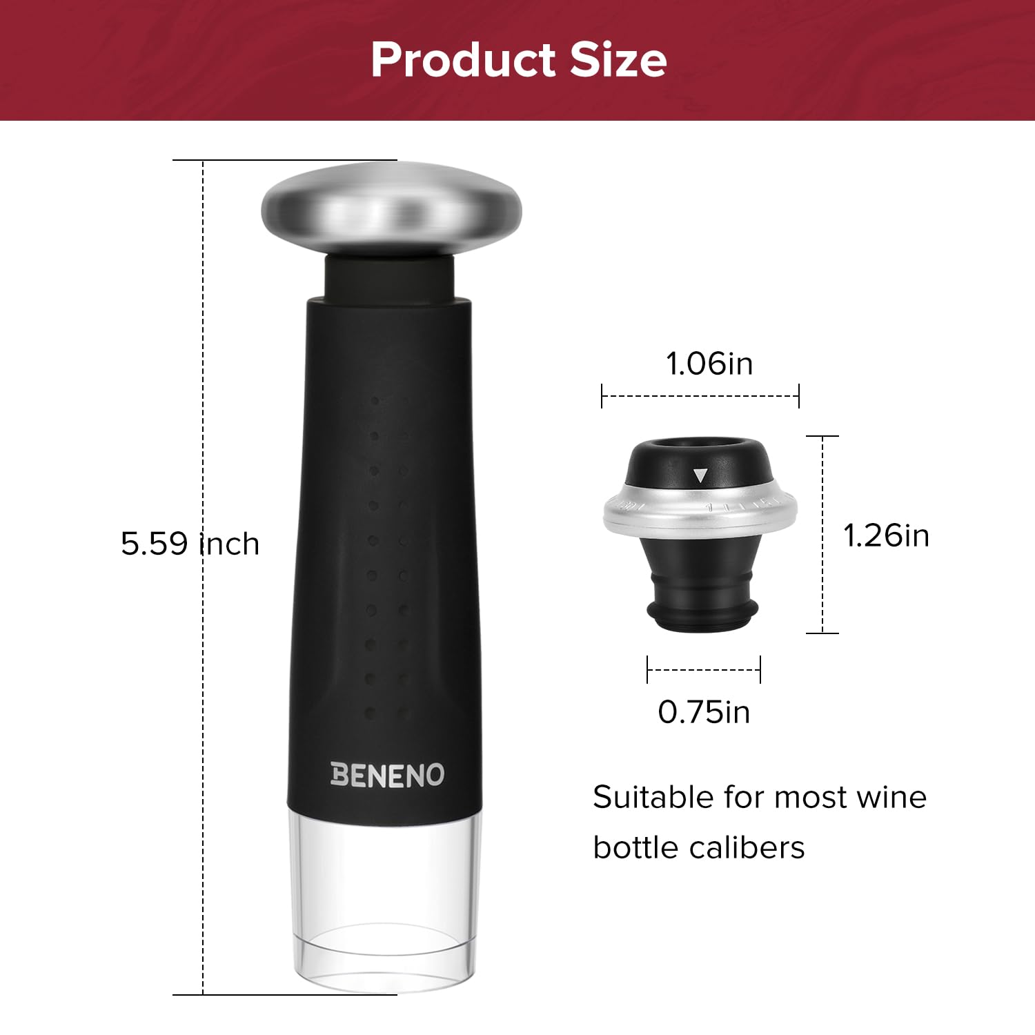 Beneno Wine Saver Vacuum Pump with 4 Vacuum Wine Bottle Stoppers Keep Wine Fresh, Reusable Silicone Vacuum Wine Sealer Wine Preserver for Wine Bottles, Ideal Wine Accessories Gift