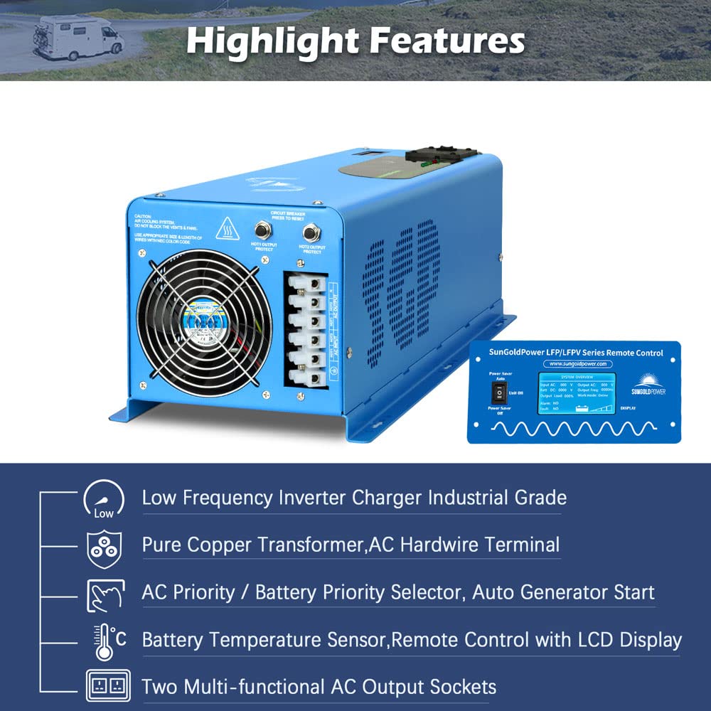 4000W 12V Inverter Charger,Peak 12000W,240Vac Input, 120V/240Vac Output Split Phase,Low Frequency,Pure Sine Wave Inverter, LCD Remote Controller,for Off Grid System(Upgraded Version)