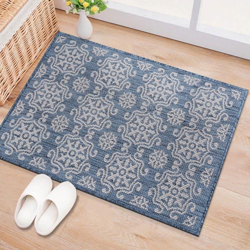 Rugshop Budelli Transitional Geometric Textured Flat Weave Easy Cleaning Outdoor Rugs for Deck,Patio,Backyard Indoor/Outdoor Area Rug 2' x 3' Blue