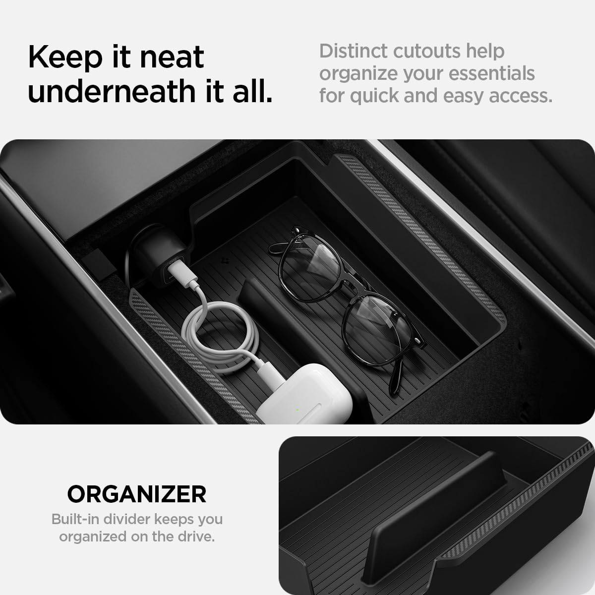 Spigen Armrest Console Organizer (Carbon Edition) Designed for Tesla Model 3/Y 2024/2023/2022 [Not Compatible with Model 3 2024 Refresh]