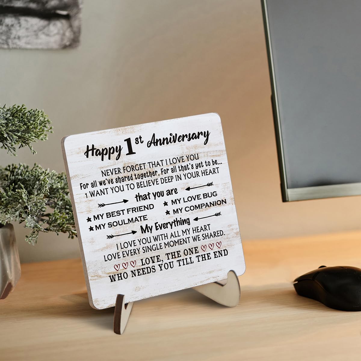 Happy 1st Anniversary Card Gifts for Him Her, Never Forget That I Love You - 1 Year Anniversary Desk Plaque Gifts for Husband Wife, First Wedding Anniversary for Men Desk Decor Wooden Sign 4''X4''