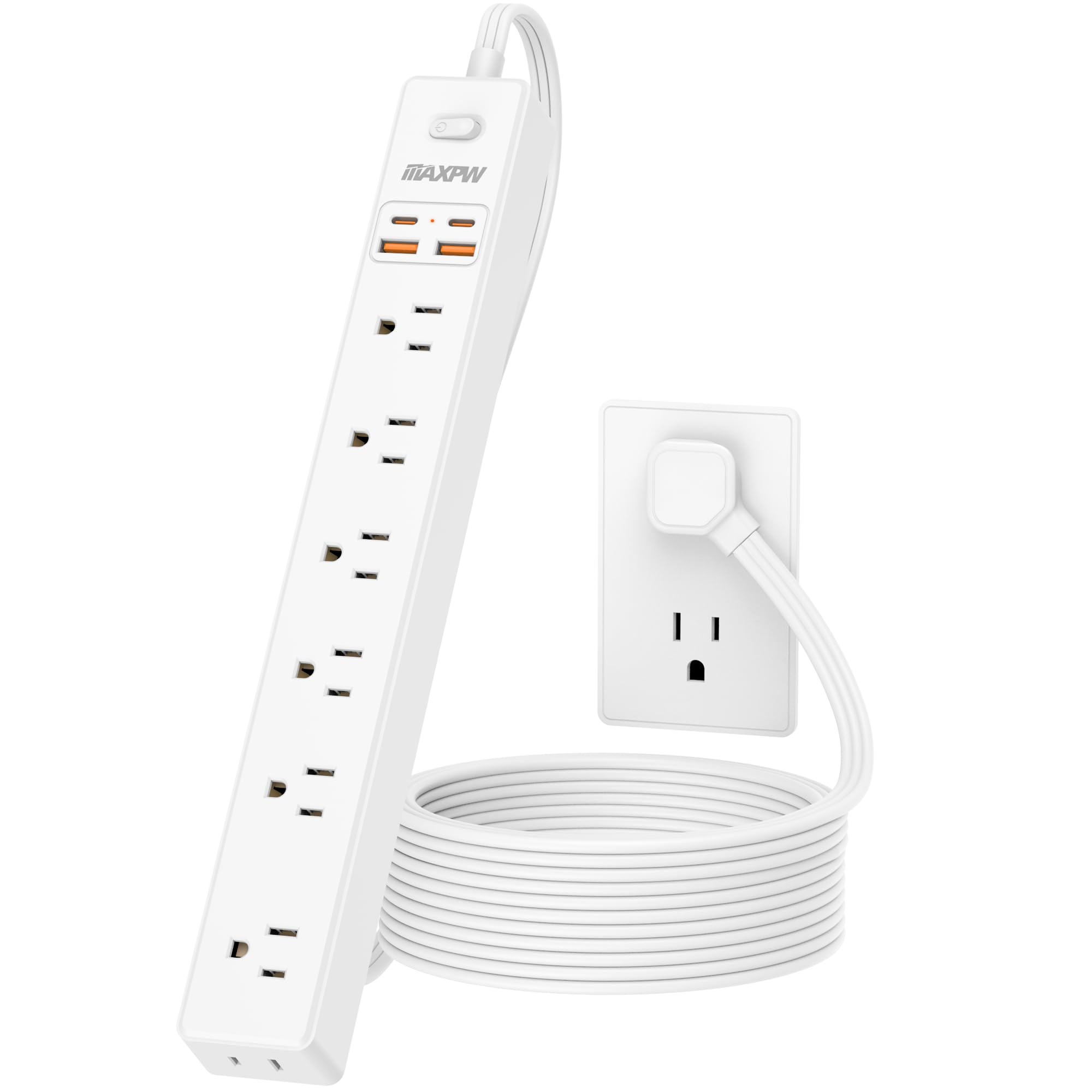 15 Ft Power Strip Surge Protector - 7 Outlets 4 USB Ports (2 USB C), Maxpw Ultra Thin Flat Extension Cord & Flat Plug, 1700 Joules, Wall Mount, Desk Charging Station for Home Office Dorm, White