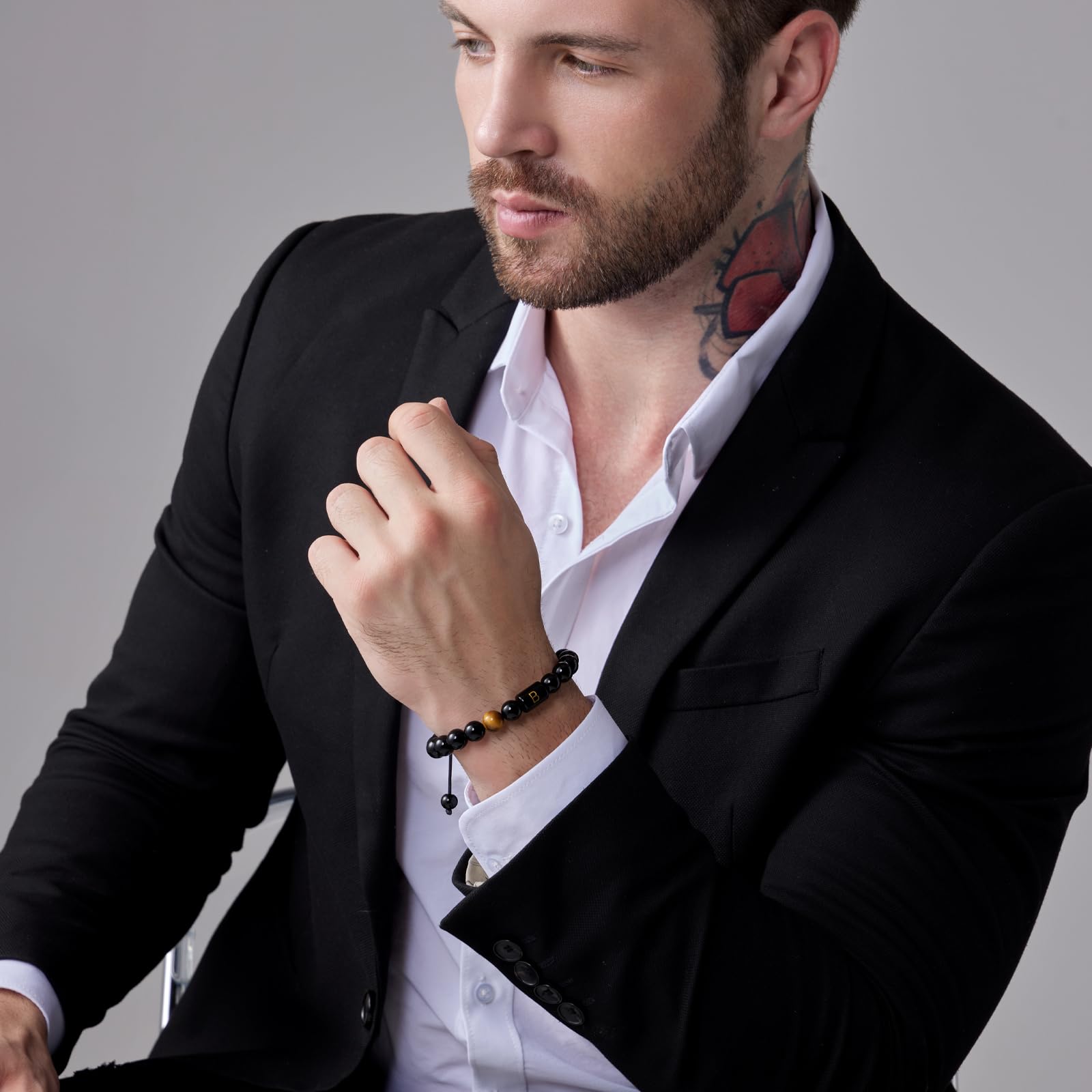 FRG To My Men,Initials Bracelets for Men Letter Link Handmade Natural Black Onyx Tiger Eye Stone Beads Braided Rope Meaningful Bracelet for Boyfriend Husband Birthday Fathers Gifts(C)