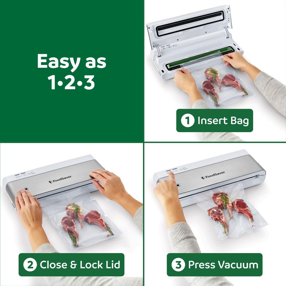 FoodSaver PowerVac Compact Vacuum Sealing Machine Stainless Steel & Black Vertical Storage VS0150 | Preserves freshness reduces bag waste for both dry and wet food